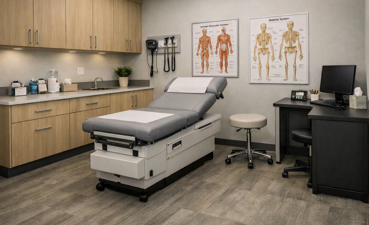 A modern consultation room with tidy surfaces, organized equipment, and a hygienic environment. Ideal for demonstrating high standards of order in medical or therapeutic spaces.