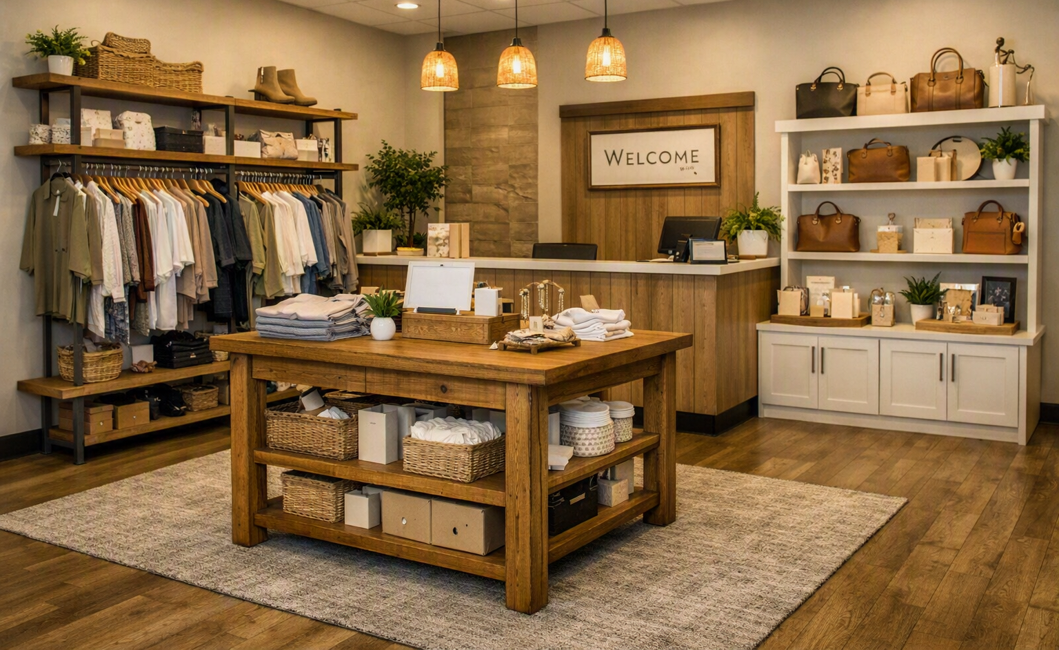 A boutique-style retail area with aligned shelves, well‑displayed products, and a minimalist aesthetic. Great for showcasing structure, cleanliness, and impeccable presentation.