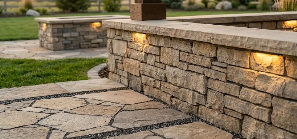 Custom stone retaining wall and paver walkway in Saratoga Springs, Utah — Aspen Stone Design