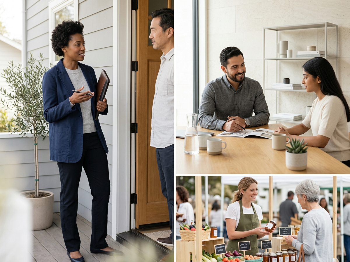 People engaging in various activities: a door-to-door saleswoman talking to a man at a doorstep, a man and woman in a sales meeting or discussion indoors, and a woman selling goods at an outdoor market to an elderly woman.