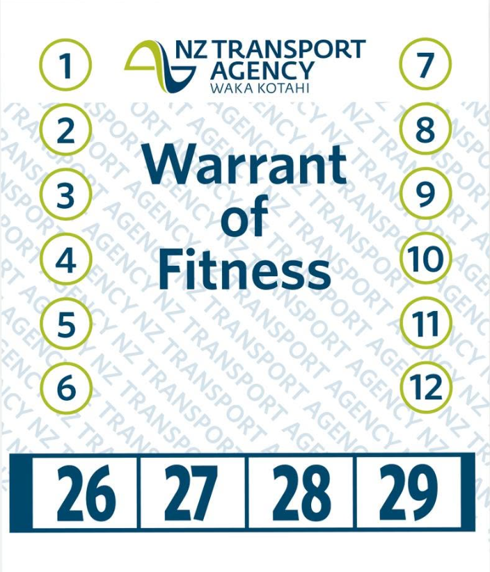Warrant of Fitness form from NZ Transport Agency, with numbered fields and the wording 'Warrant of Fitness' in the center. The NZ Transport Agency logo is at the top, with the words 'Waka Kotahi' underneath. At the bottom, there are four boxed numbers: 26, 27, 28, 29.