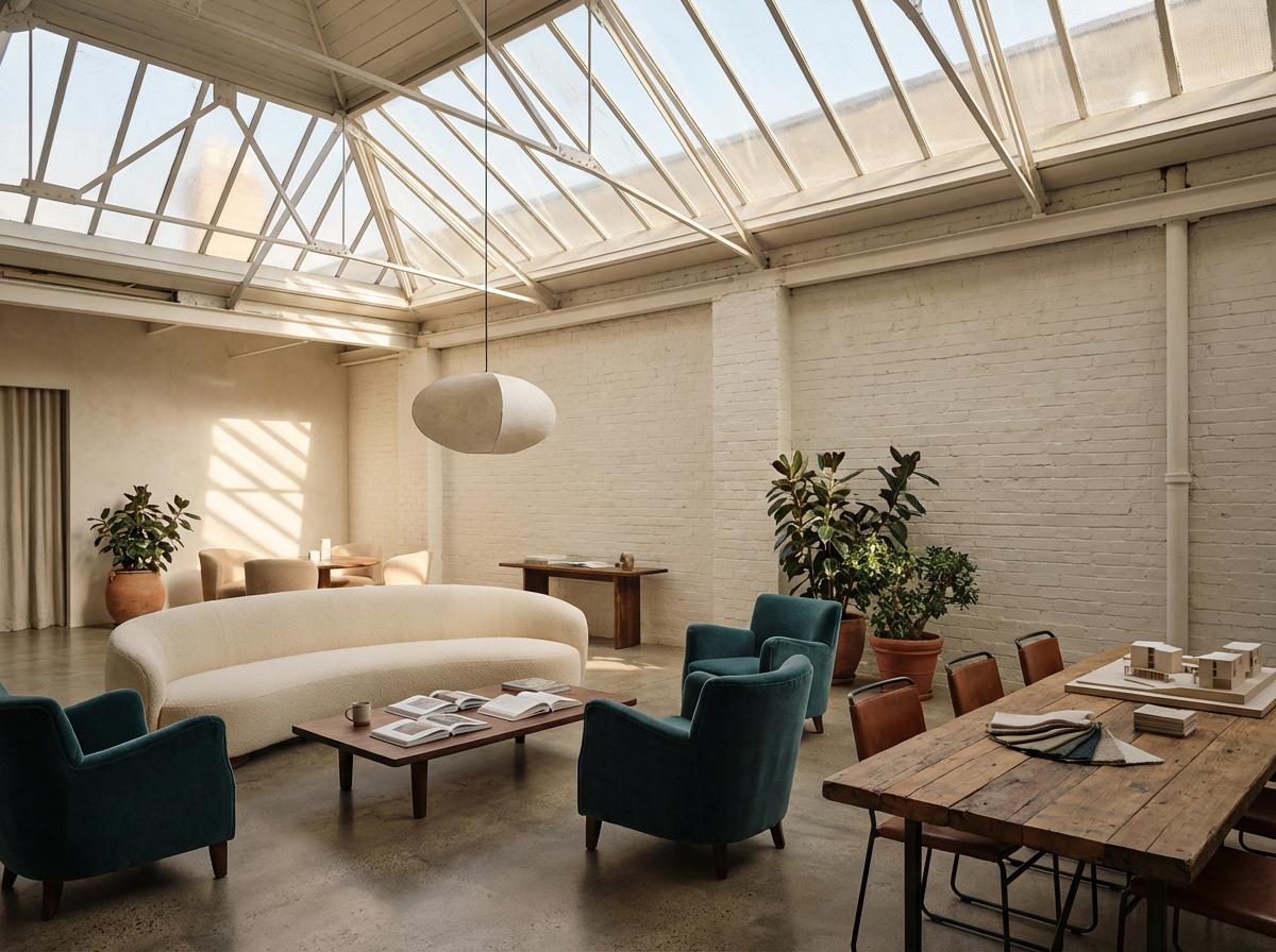 Bright modern living space with a large skylight ceiling, white brick walls, and various seating including a cream sofa and blue armchairs. There are potted plants, a wooden coffee table with open books, and a rustic wooden dining table with chairs. A pendant light hangs from the ceiling.