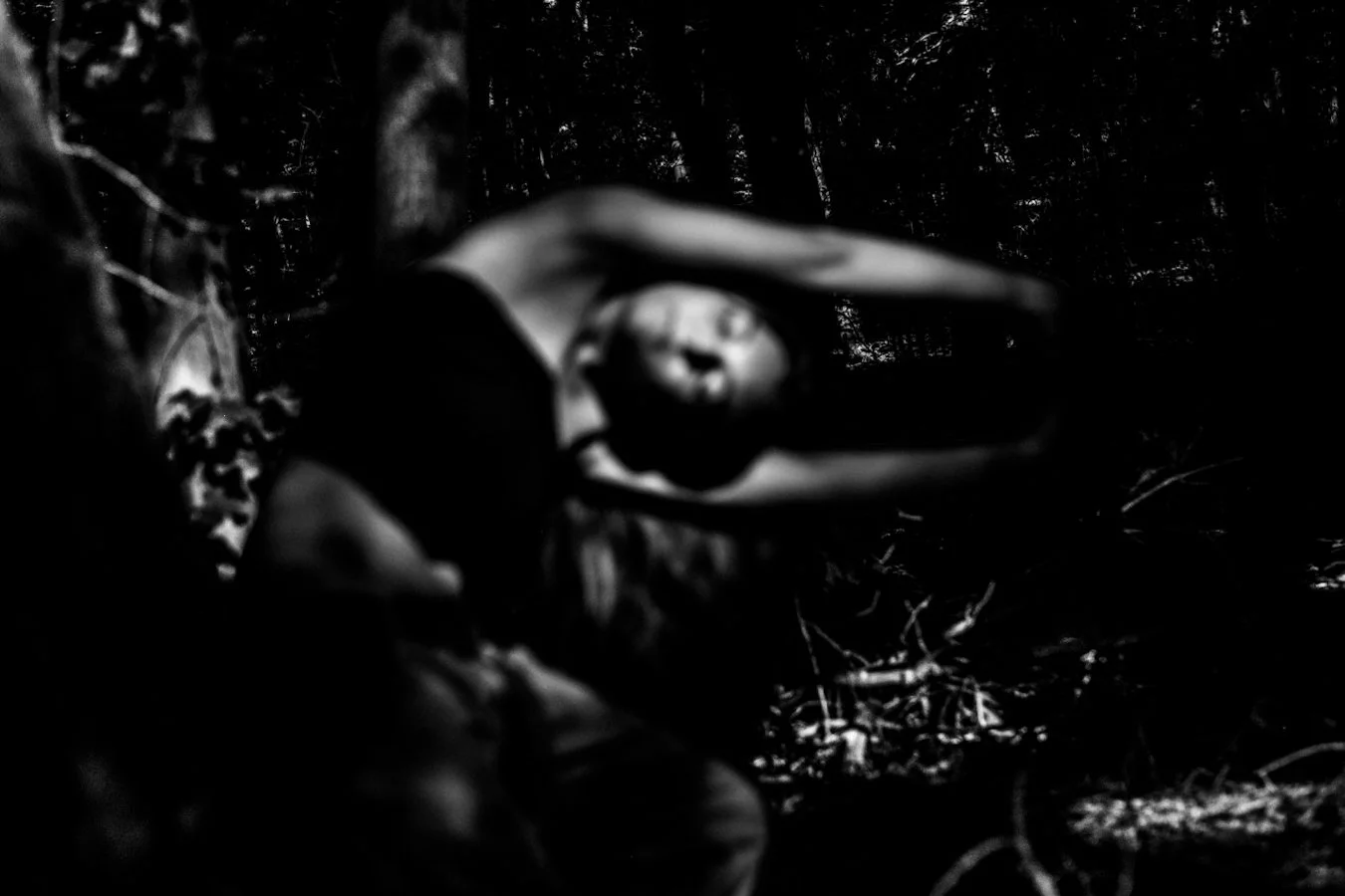 A person in dark clothing holding a skull in a dark, forested environment with trees and foliage in the background.