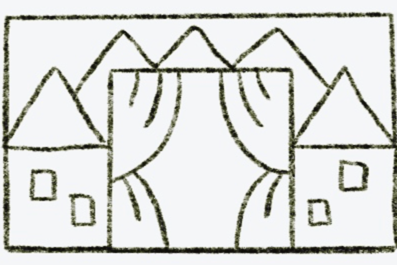 A black and white drawing of a house with two windows, surrounded by trees and mountains in the background.