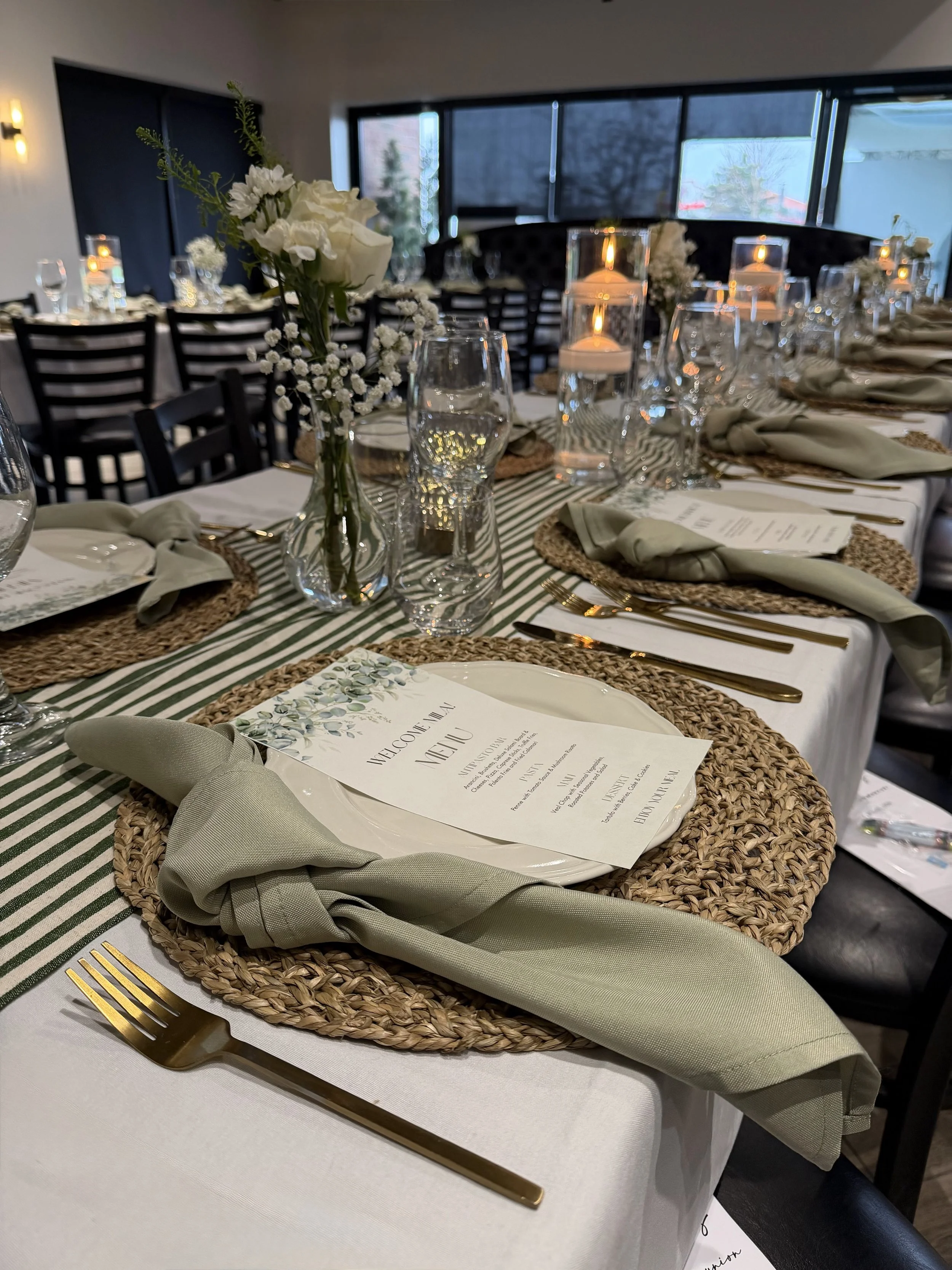 LBC Events & Co event styling. Green, sage, ivory, white, gold, aesthetic decor tablescape. Portfolio.
