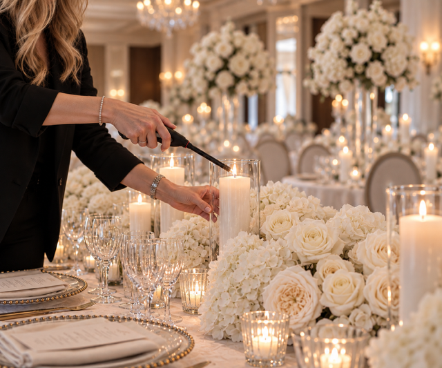 LBC Events & Co. Event Styling. Sabina lighting the candles on the wedding table