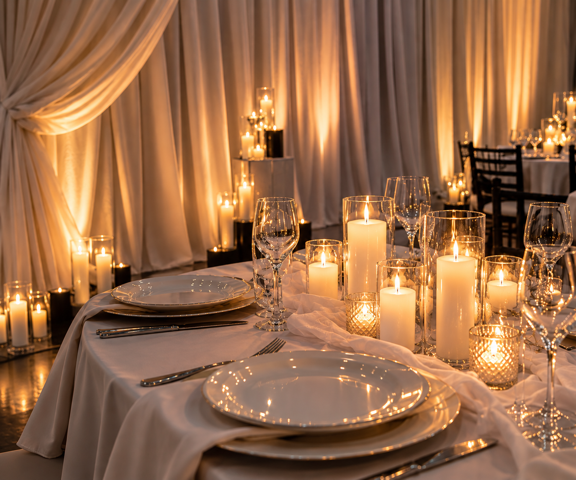 LBC Events & Co tablescape. Aesthetic, minimal, dim-lit, elegant, white tablescape. Event styling.