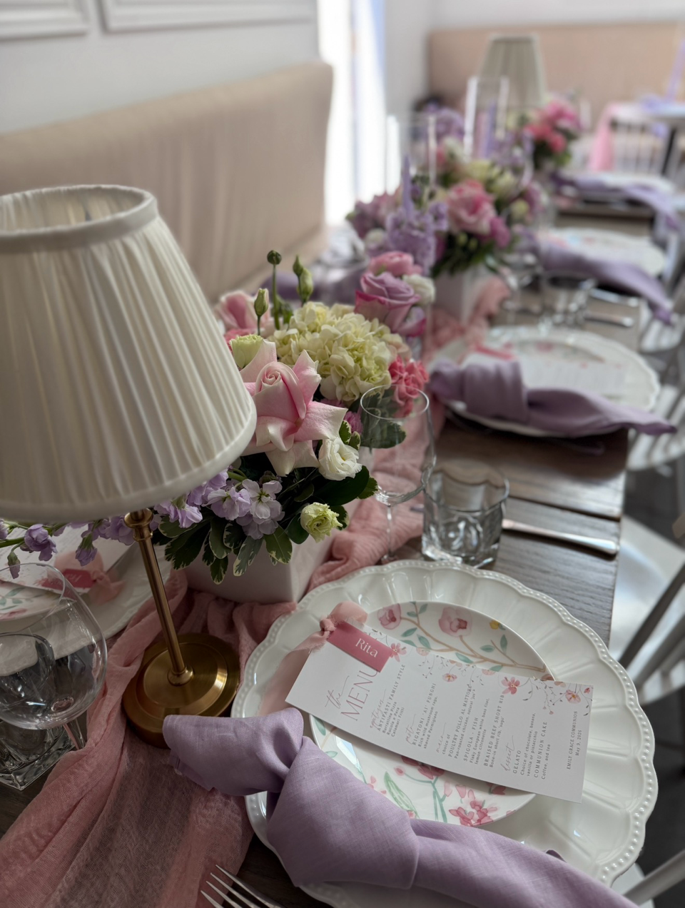 LBC Events & Co Celebration. Purple, pink, lavender, baby pink, lilac, white, green, gold, rose aesthetic decor / tablescape. Portfolio.