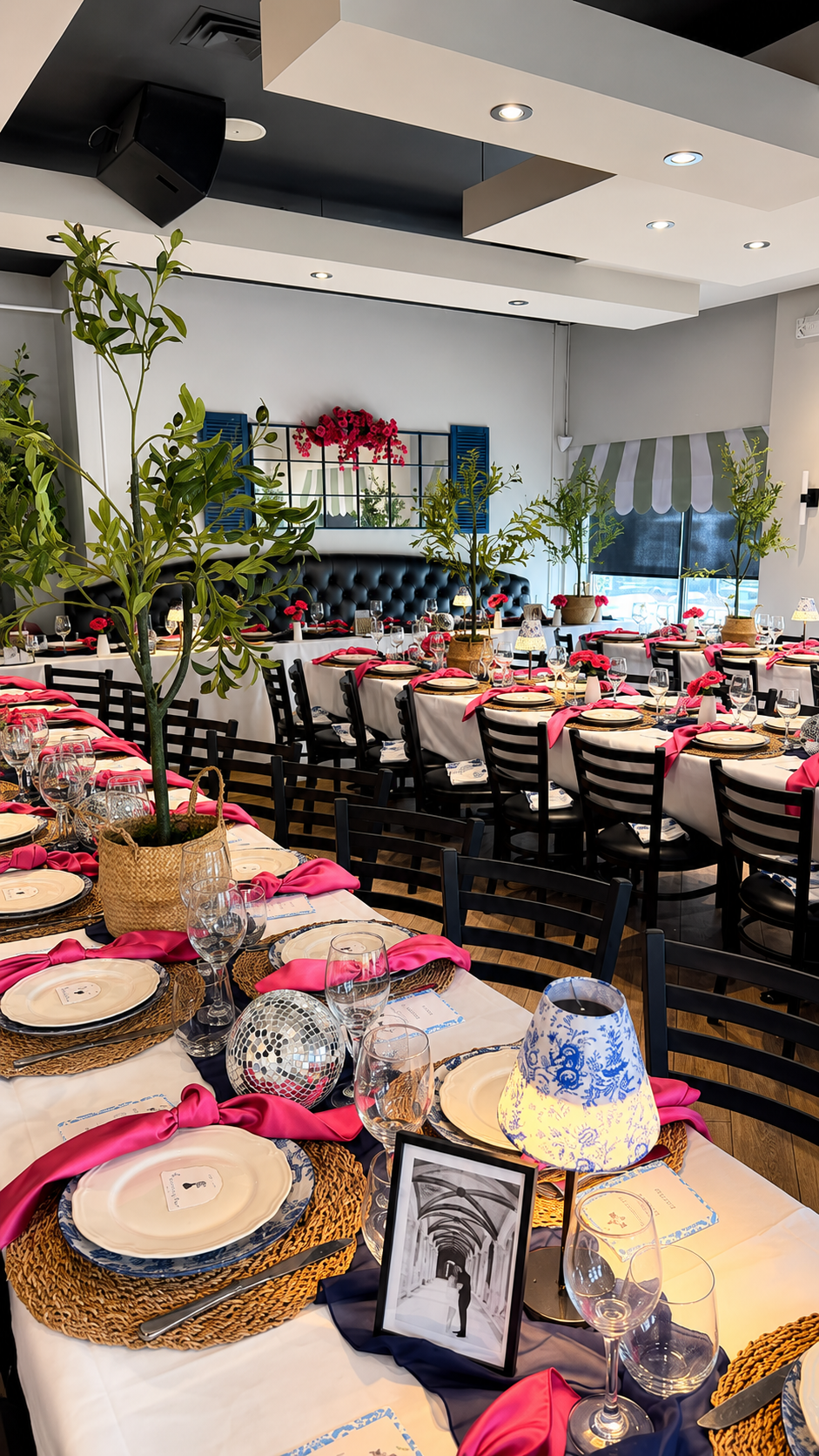 LBC Events & Co event styling. Market, Santorini Greece themed decor. Pink, hot pink, bright pink, blue, navy blue, white, silver, aesthetic tablescape decor. Portfolio.