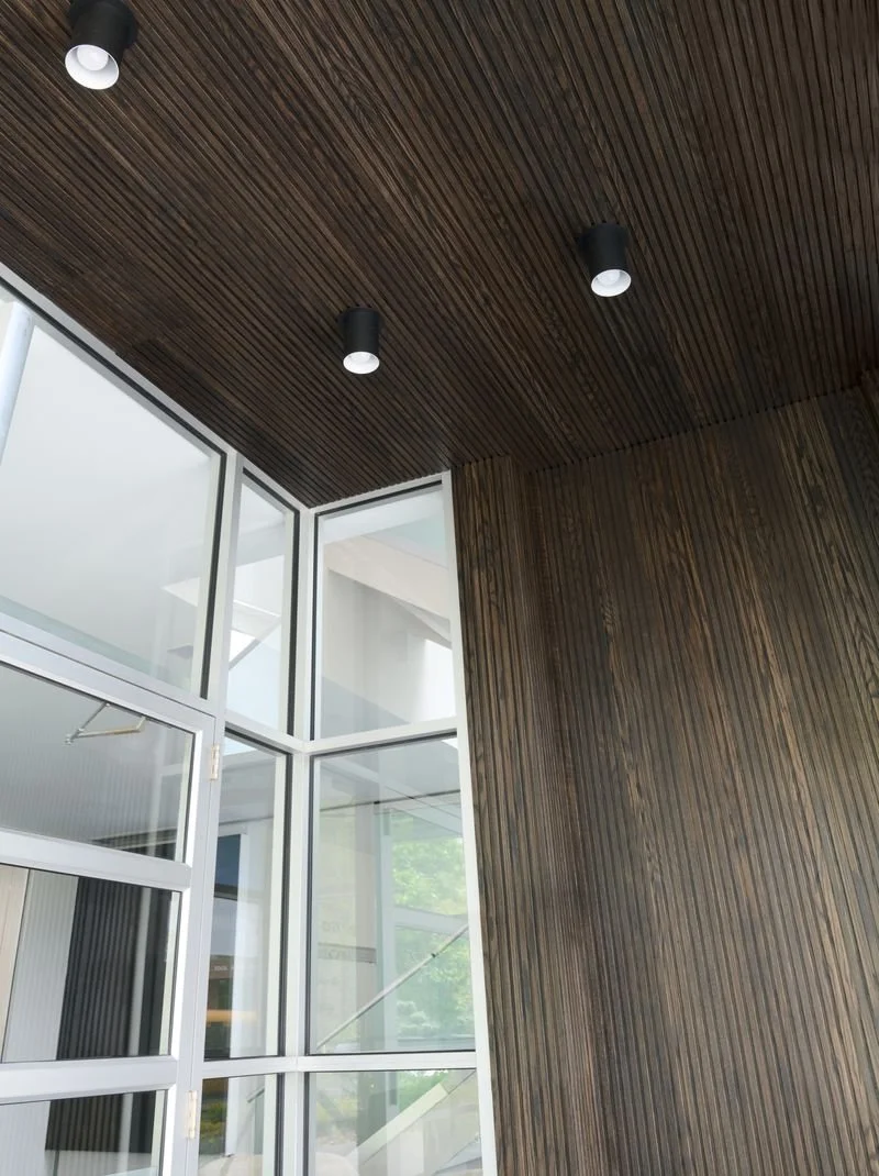 Interior view of a modern building features a dark wooden ceiling with three ceiling lights and a wall with vertical wooden paneling, along with large glass window panels.