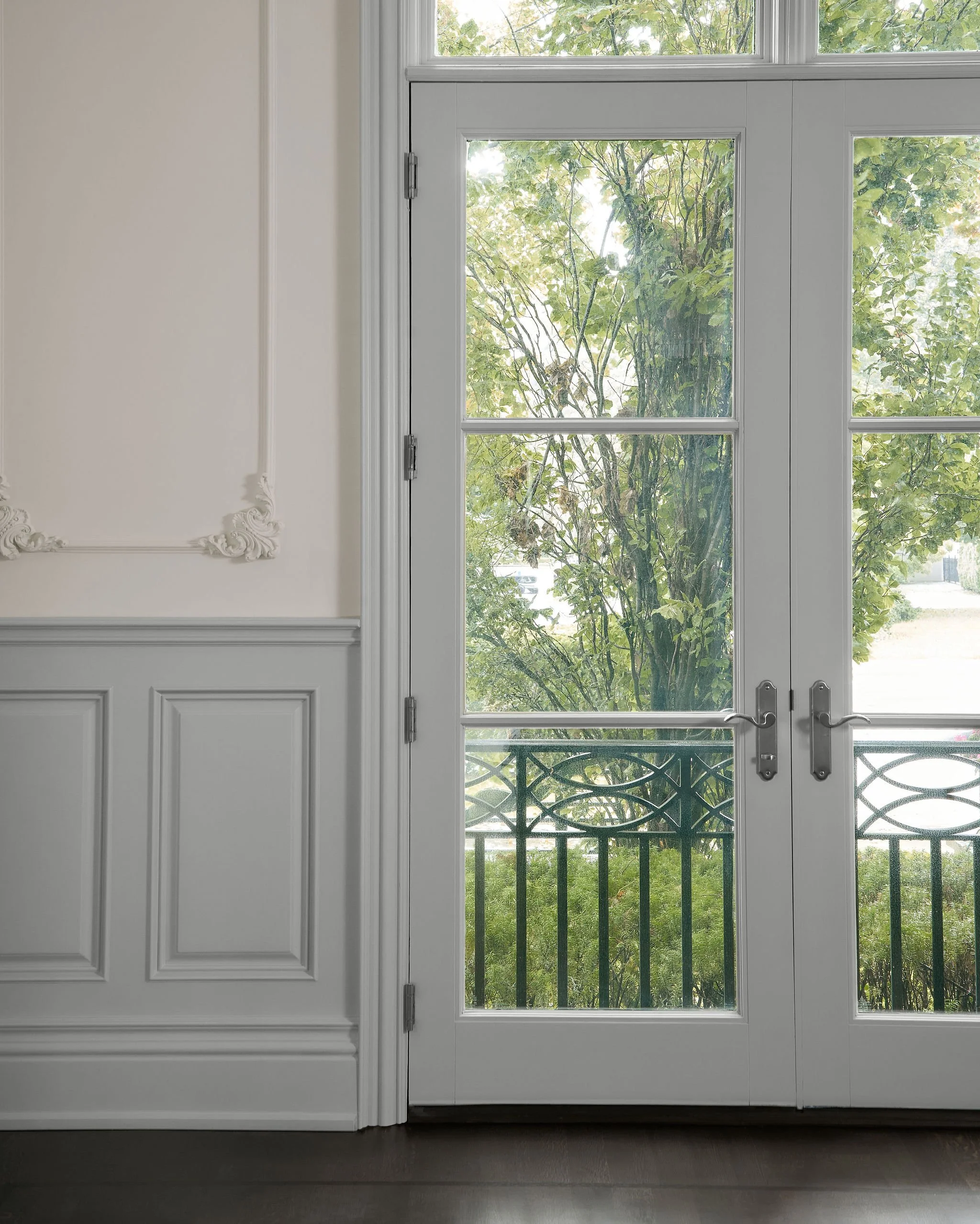 A white door with glass panels leading outside, revealing green leaves and trees. The interior wall adjacent to the door is decorated with ornate molding.