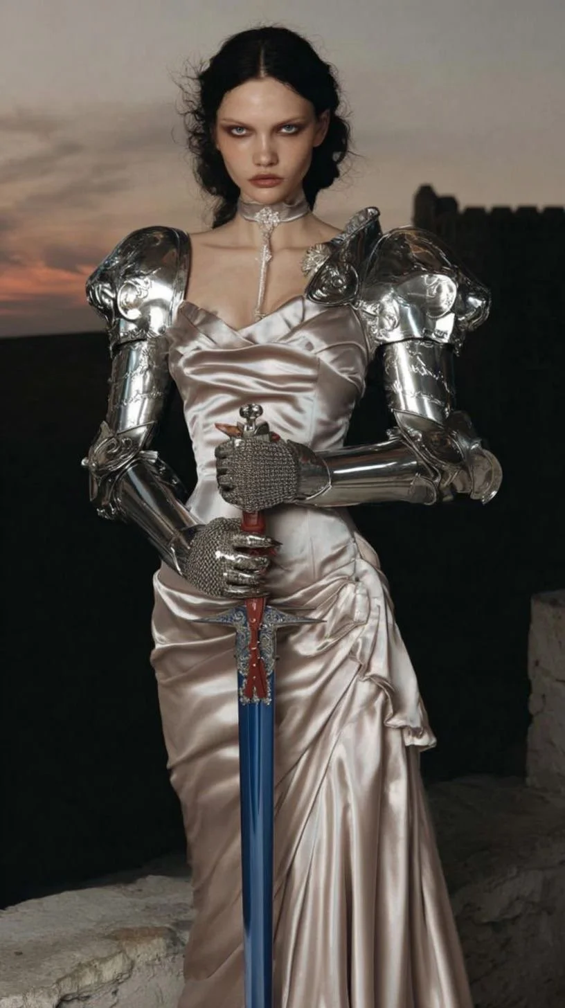 Silver armor over a satin gown