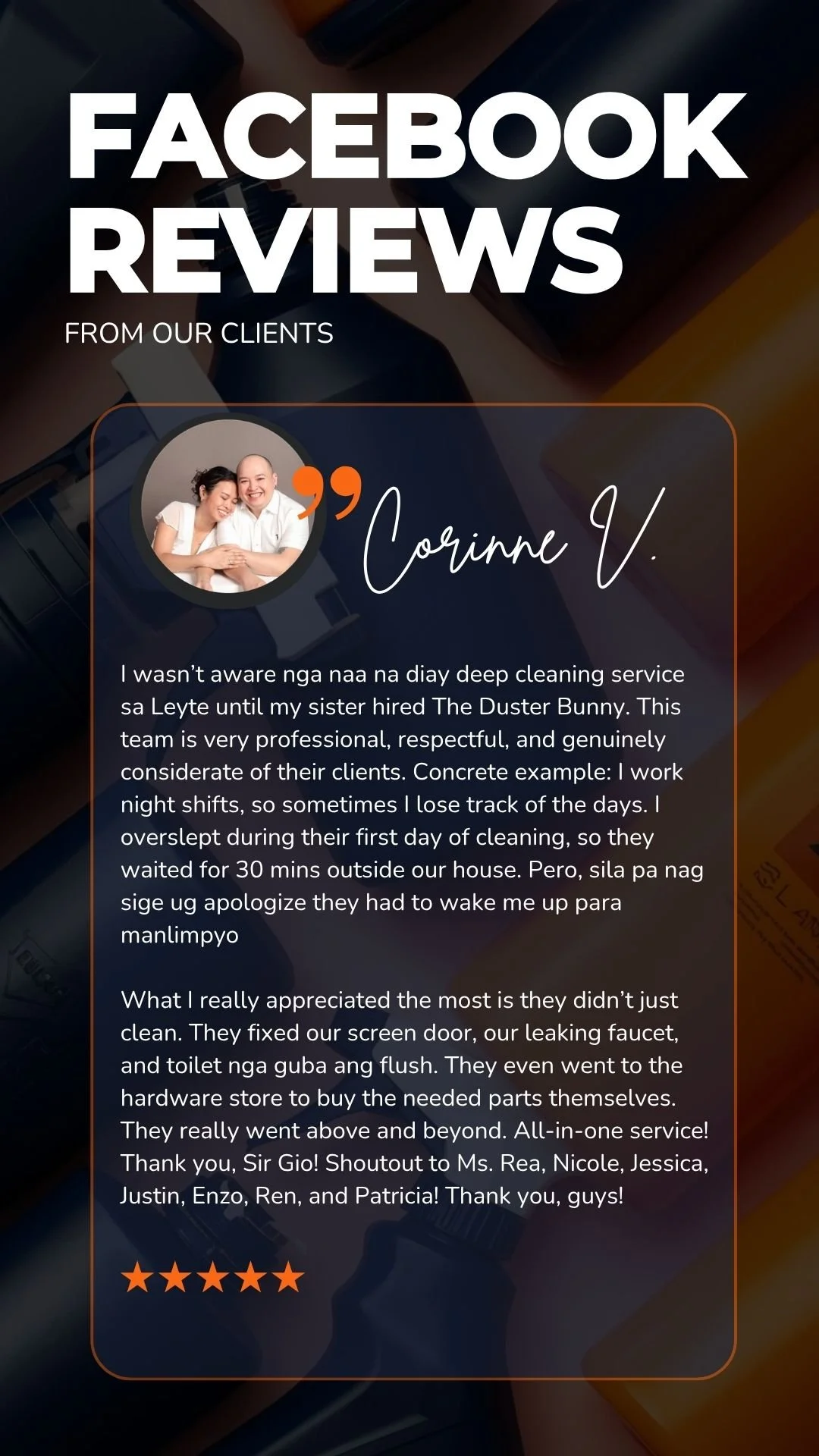A digital graphic featuring a Facebook reviews section with a photo of a smiling couple, a quote, and a five-star rating.