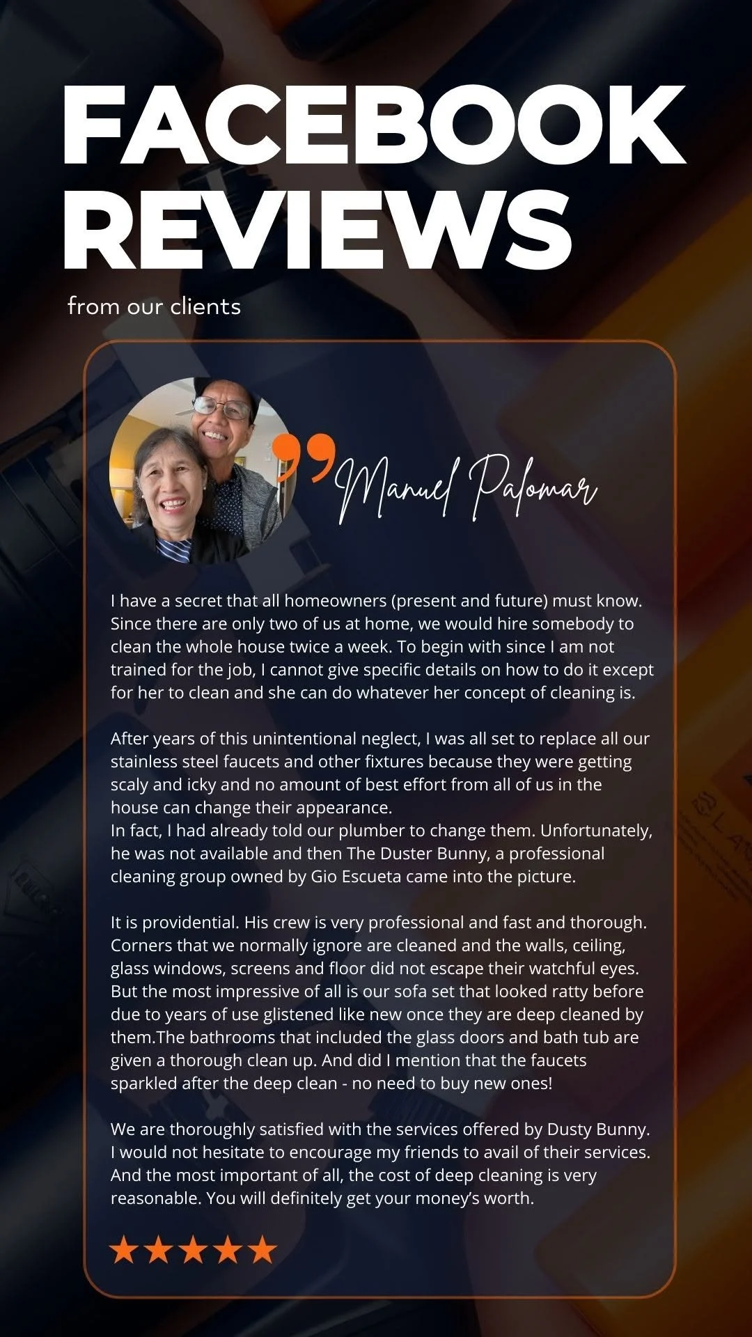 A digital graphic displaying Facebook reviews from clients, including a photo of a smiling couple, a quote from Manuel Palomar, and a five-star rating at the bottom.
