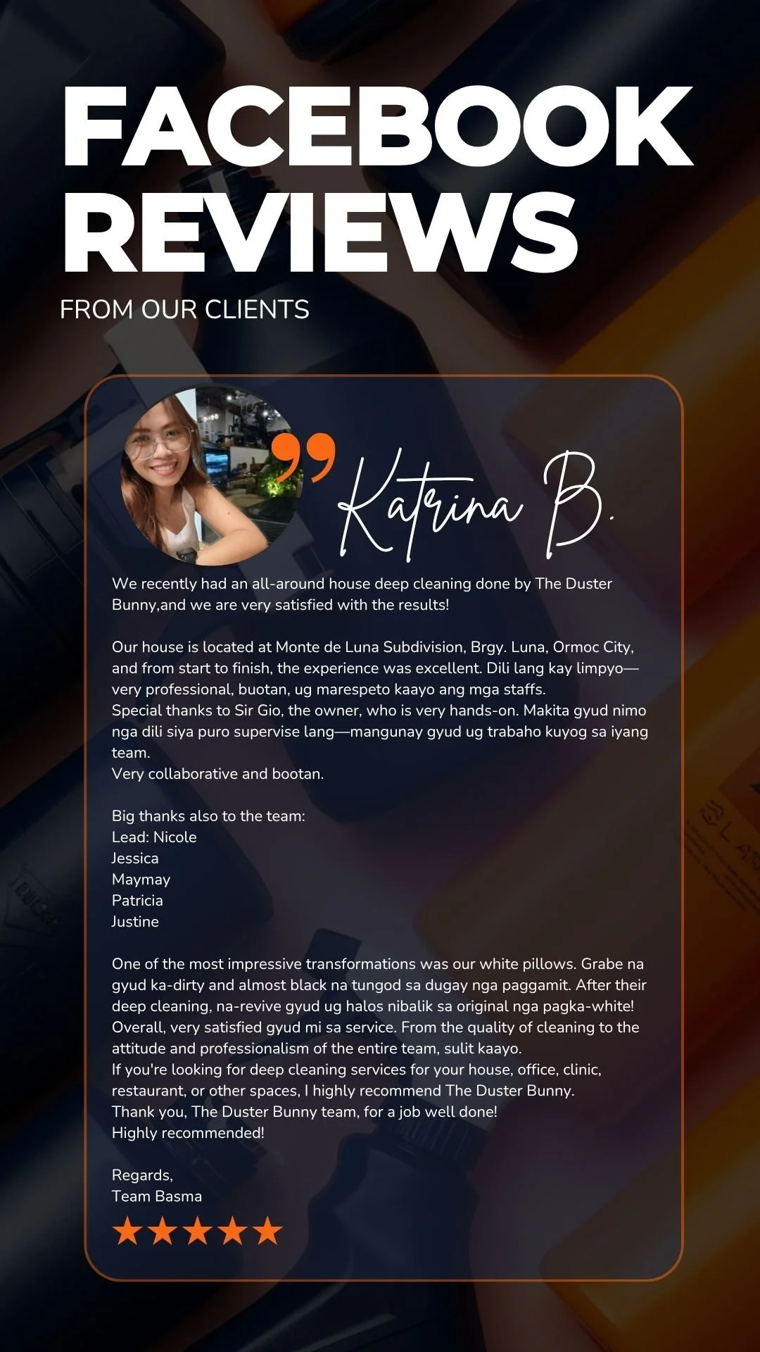 A digital graphic displaying a Facebook review from a client named Katrina B., praising The Duster Bunny cleaning service. The review includes a photo of Katrina, a smiling woman with glasses, and a detailed positive testimonial.