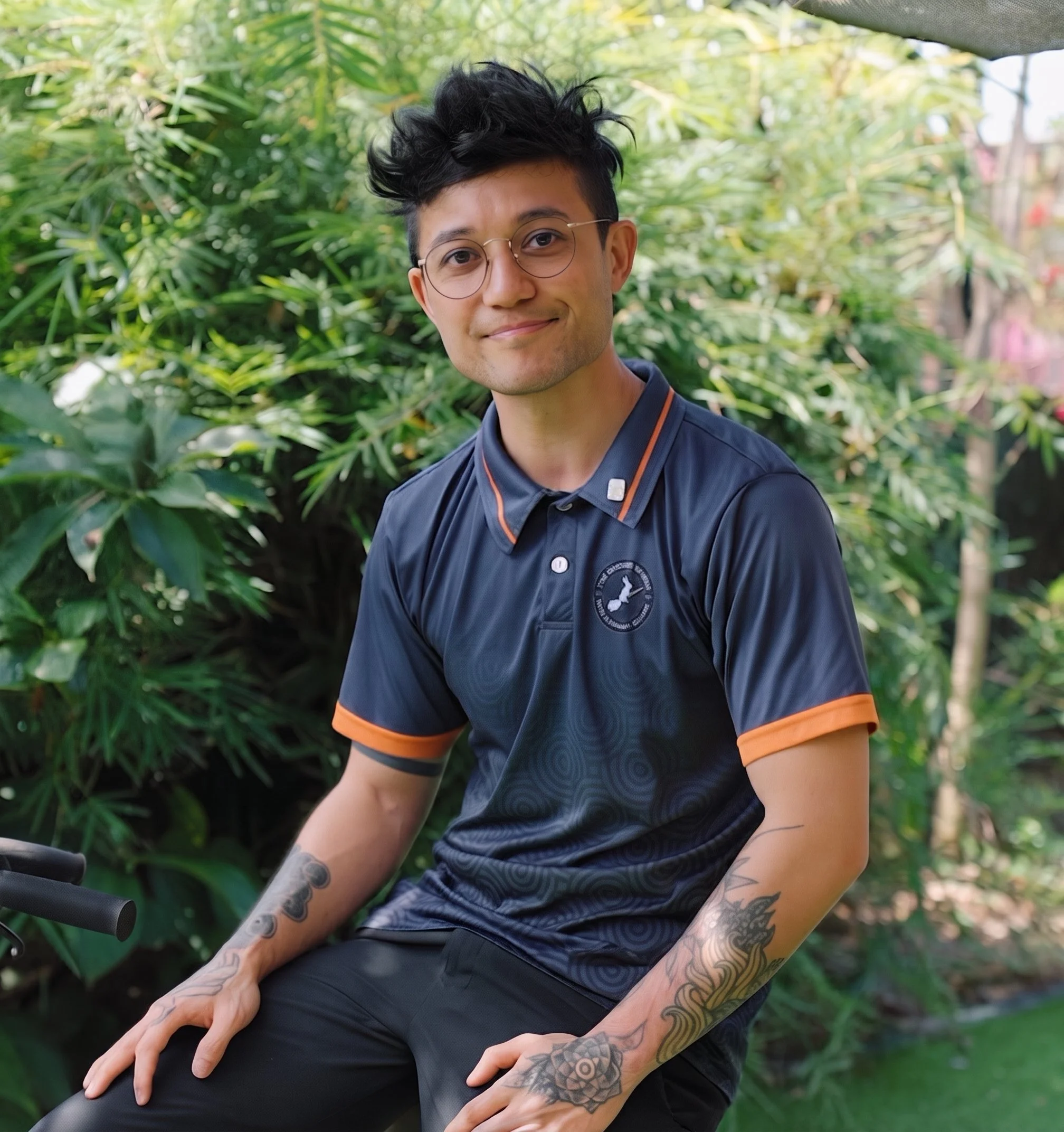 A man with black, messy hair and glasses, wearing a dark polo shirt with orange accents, sits outdoors surrounded by lush green plants. He has tattoos on his left arm and is smiling gently.
