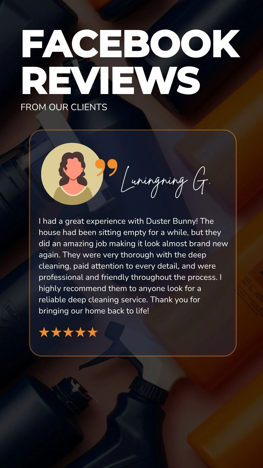 Screenshot of a Facebook reviews post featuring a customer testimonial with a cartoon profile picture, quote marks, a 5-star rating, and a background with cleaning supplies.