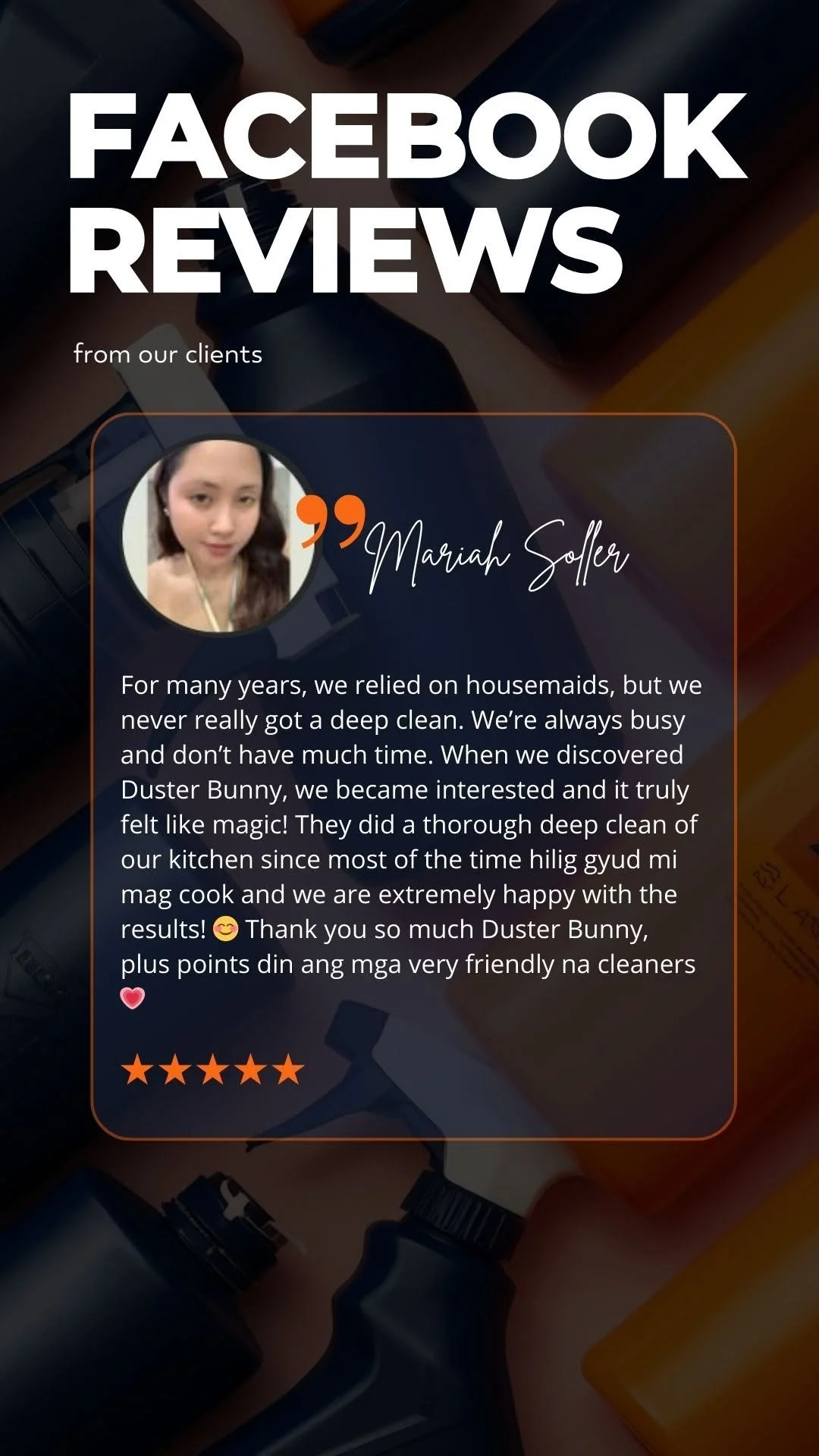 A digital graphic displays Facebook reviews from clients, featuring a photo of a woman with long dark hair, a quote from her, and a five-star rating.