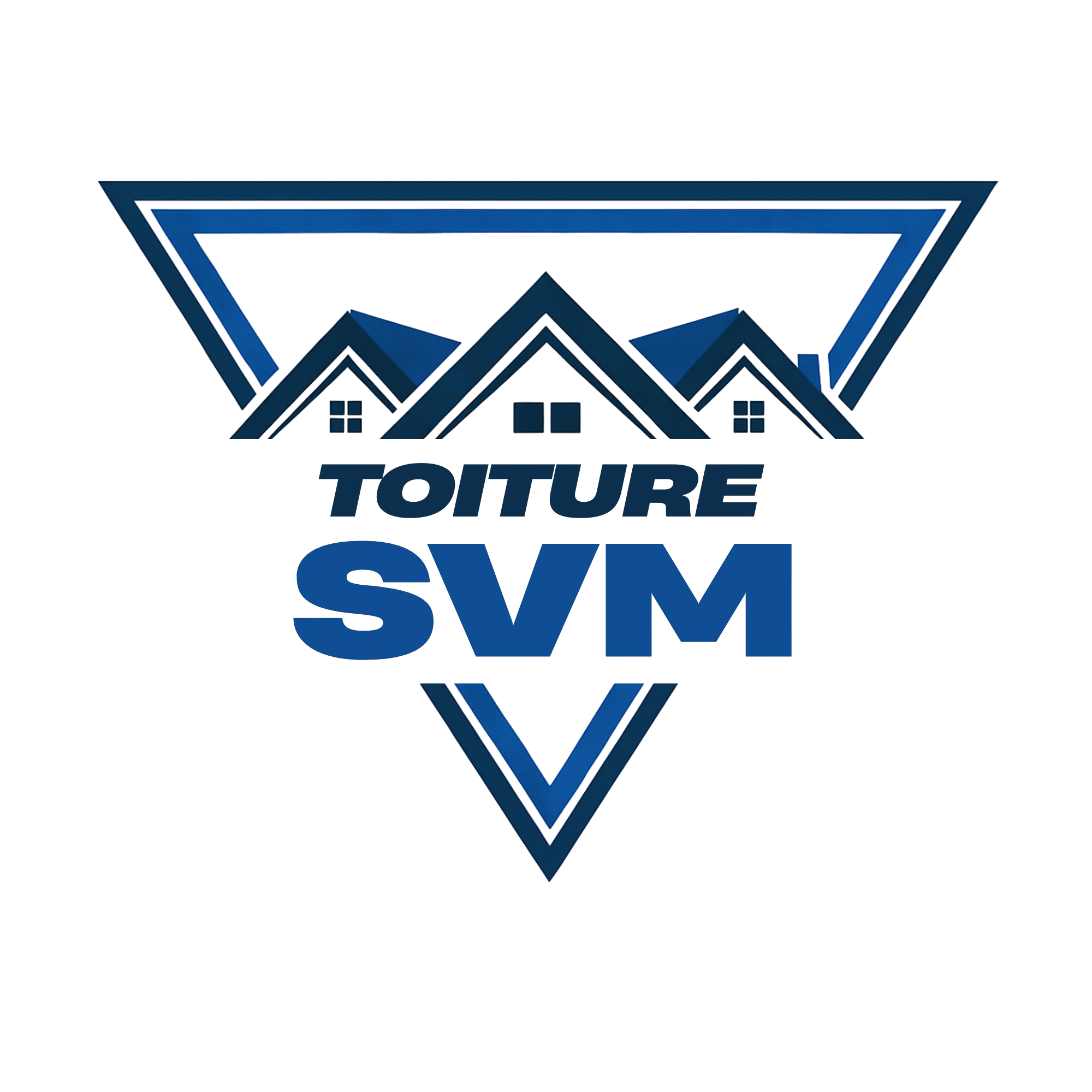 A logo with a house and roof design, with the words "TOITURE" and "SVM" in blue.