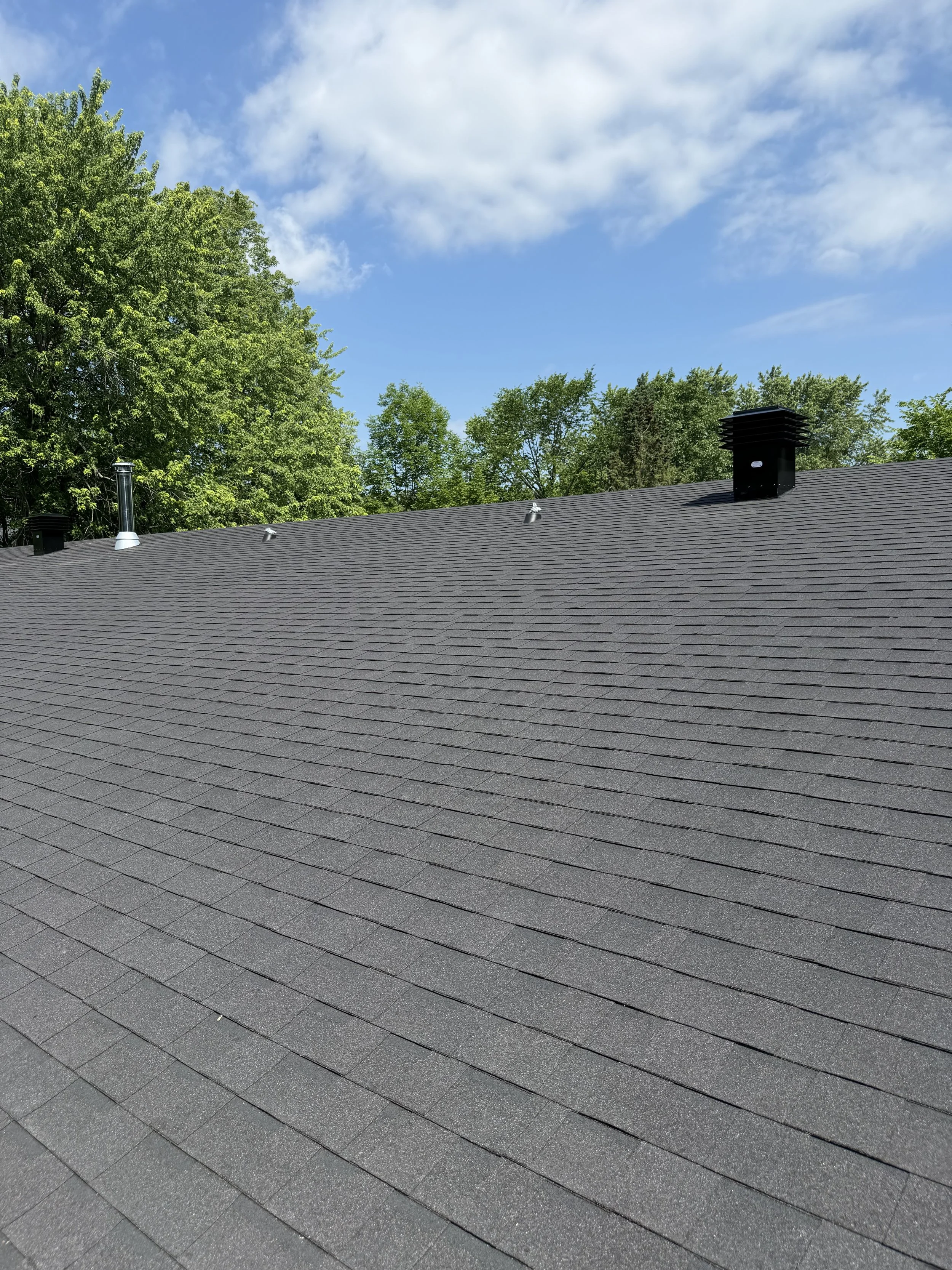 Image of a rooftop with gray shingles, two vents, and a chimney cap, with green trees and a partly cloudy blue sky in the background.