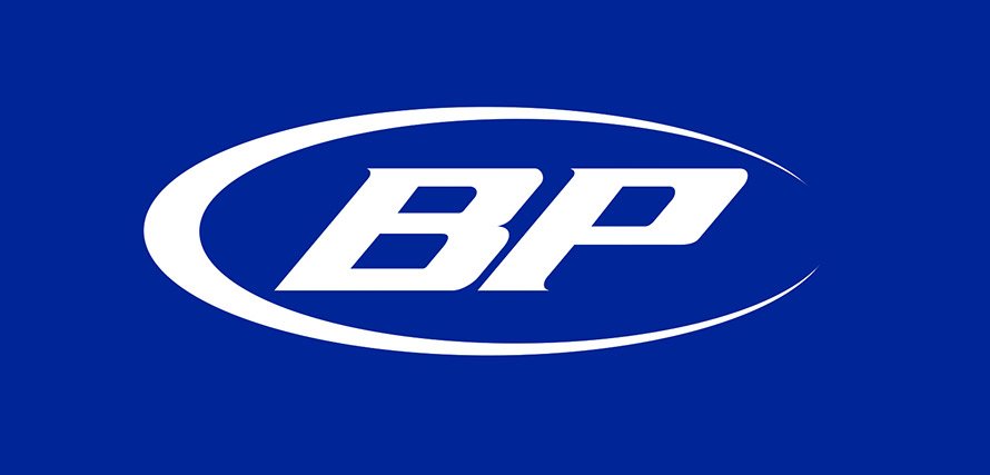 Blue background with white BP logo and oval design.