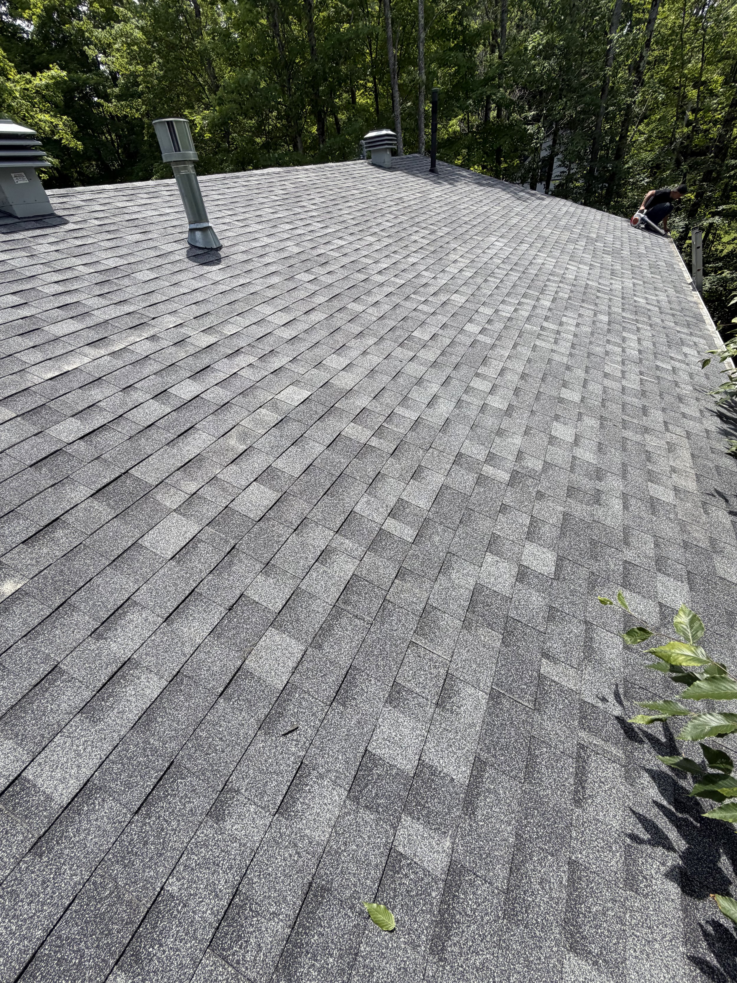 A roof with gray asphalt shingles, surrounded by green trees, with a person working on the top right corner.
