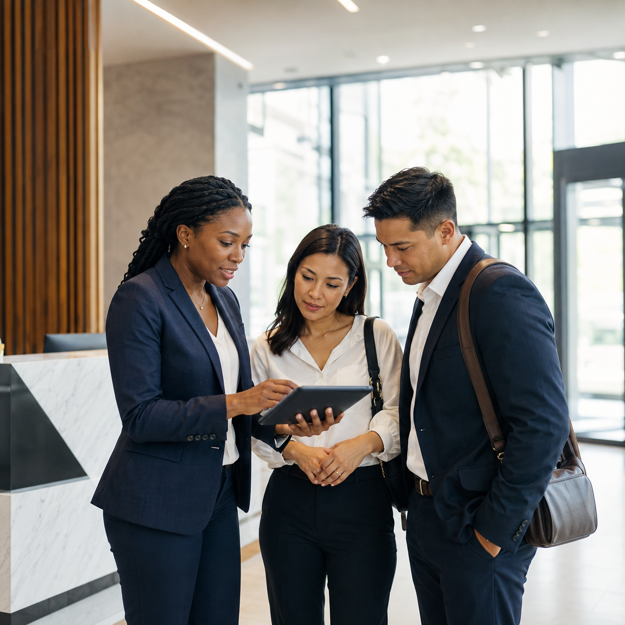 Three business professionals, two women and one man, standing in a modern office lobby, looking at a tablet device together.
