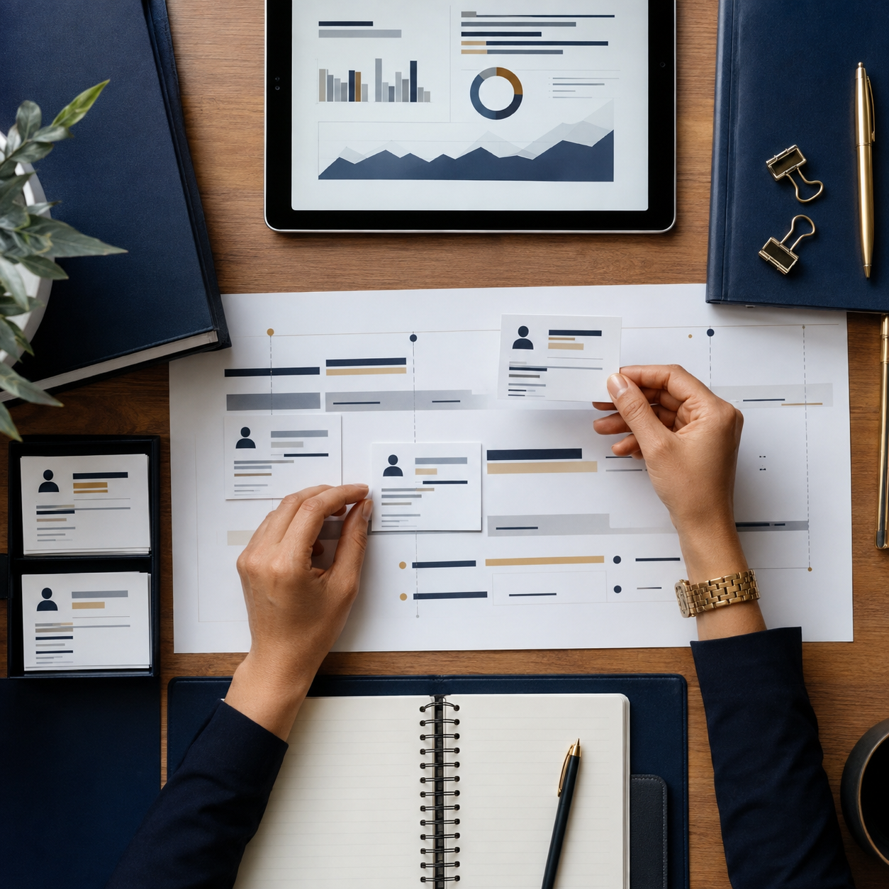 Top-down view of a person working with printed flowcharts, business cards, a tablet displaying data charts, notebooks, pens, and office supplies on a wooden desk.