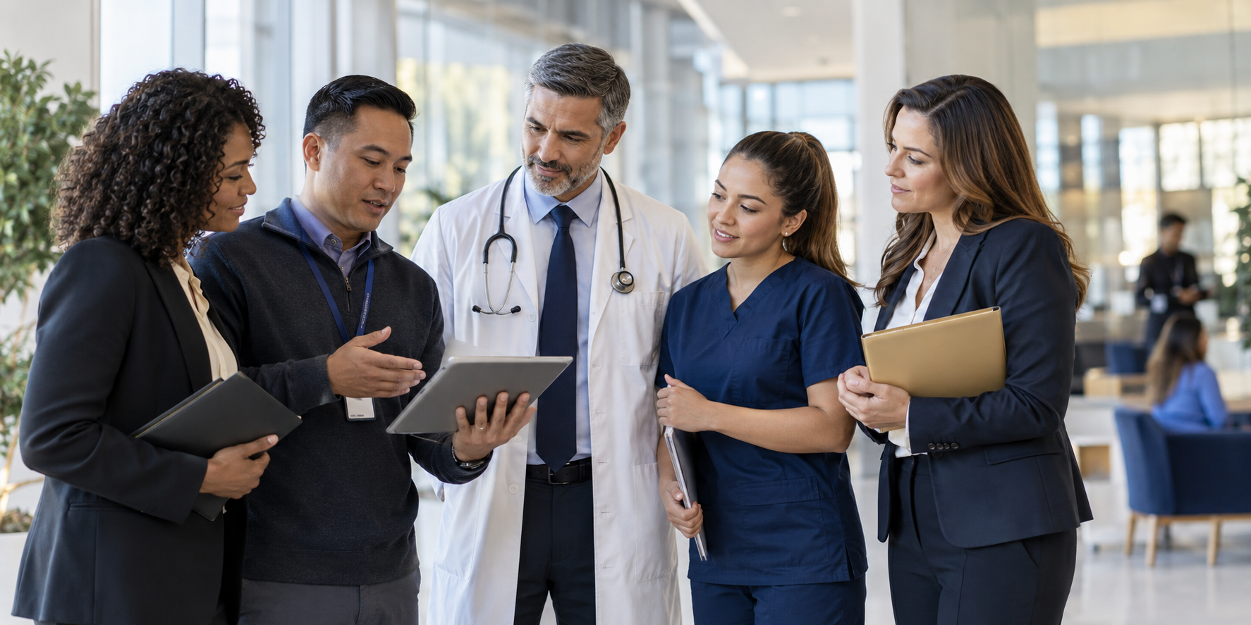 Group of five diverse healthcare professionals, including a doctor and nurses, gathered in a hospital lobby discussing medical information on a tablet and holding folders.