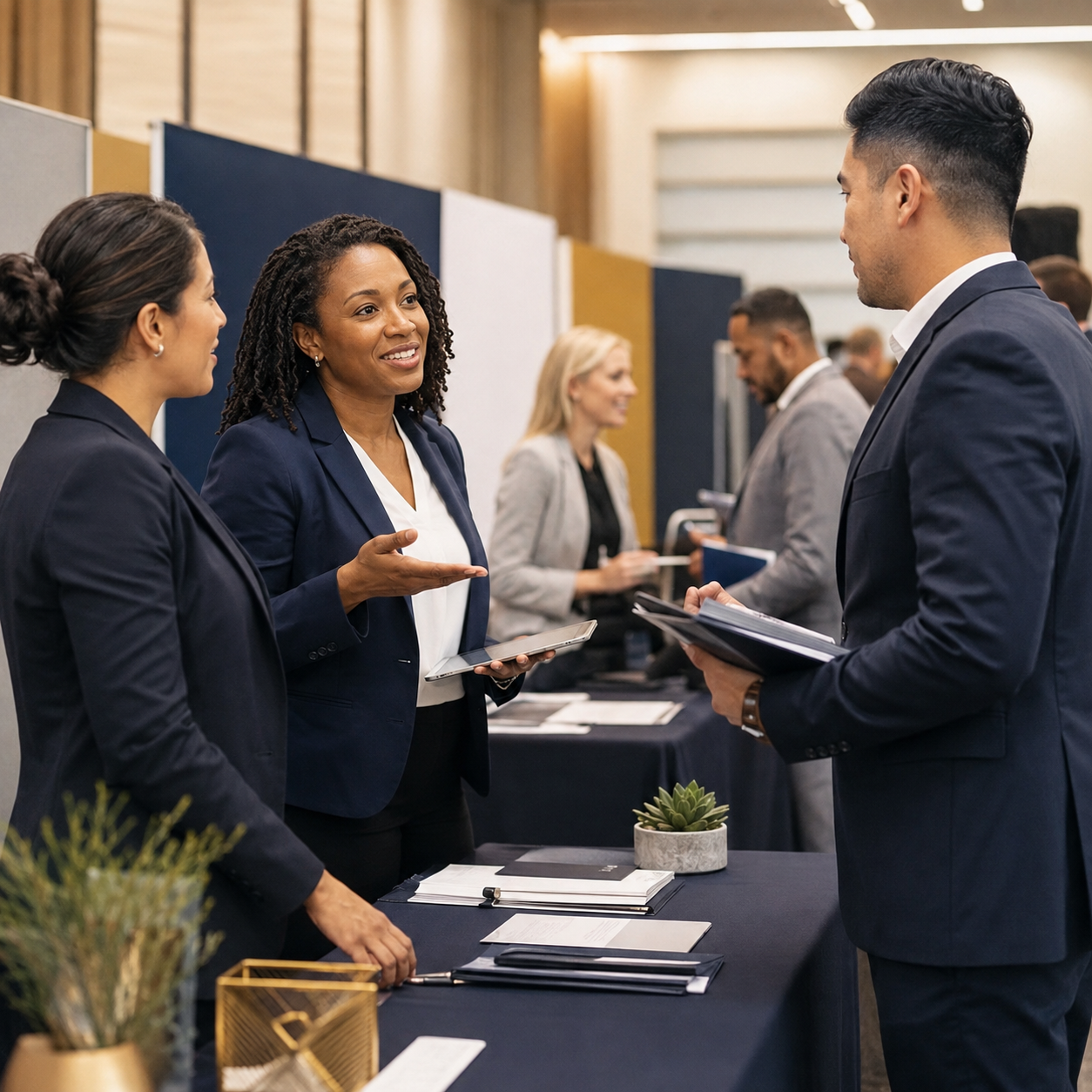 Business professionals engaging in conversation at a networking event, with a woman explaining and two others listening attentively, in a conference room with informational booths.