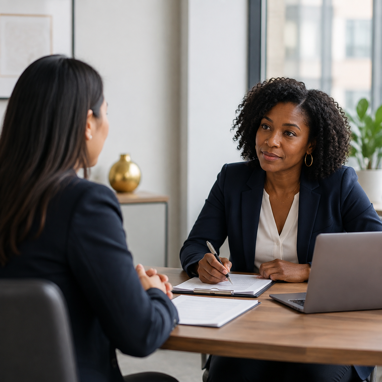Two women in business attire having a discussion in an office, with one woman taking notes and a laptop on the table.