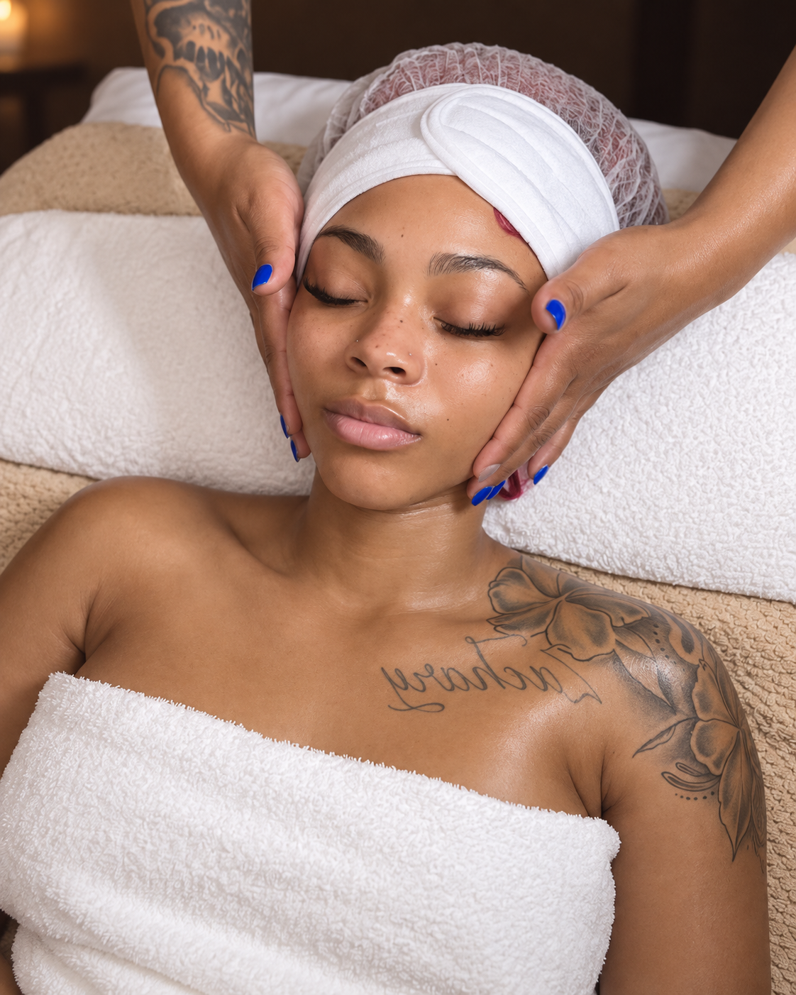 A woman receiving a facial massage while lying down, wrapped in a towel with her eyes closed, wearing a headband, with a tattoo on her shoulder.