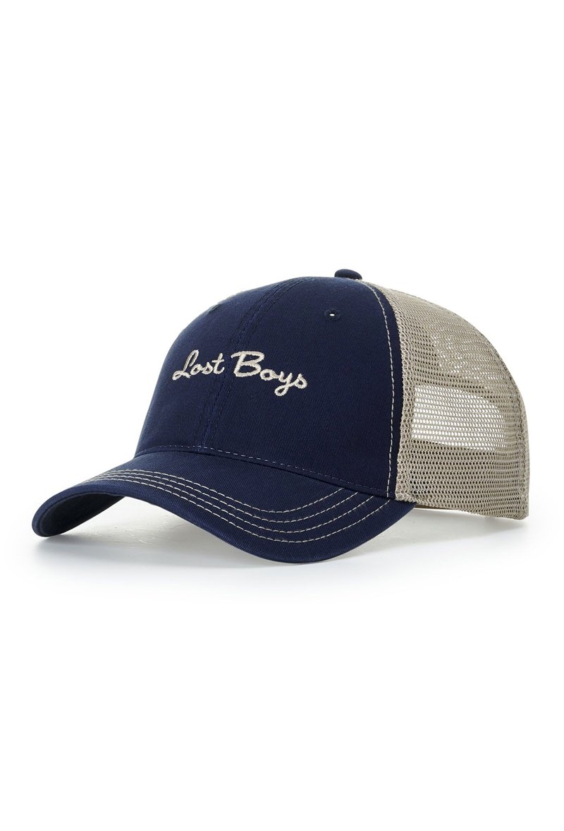 A navy blue and mesh trucker cap with 'Lost Boys' embroidered on the front.