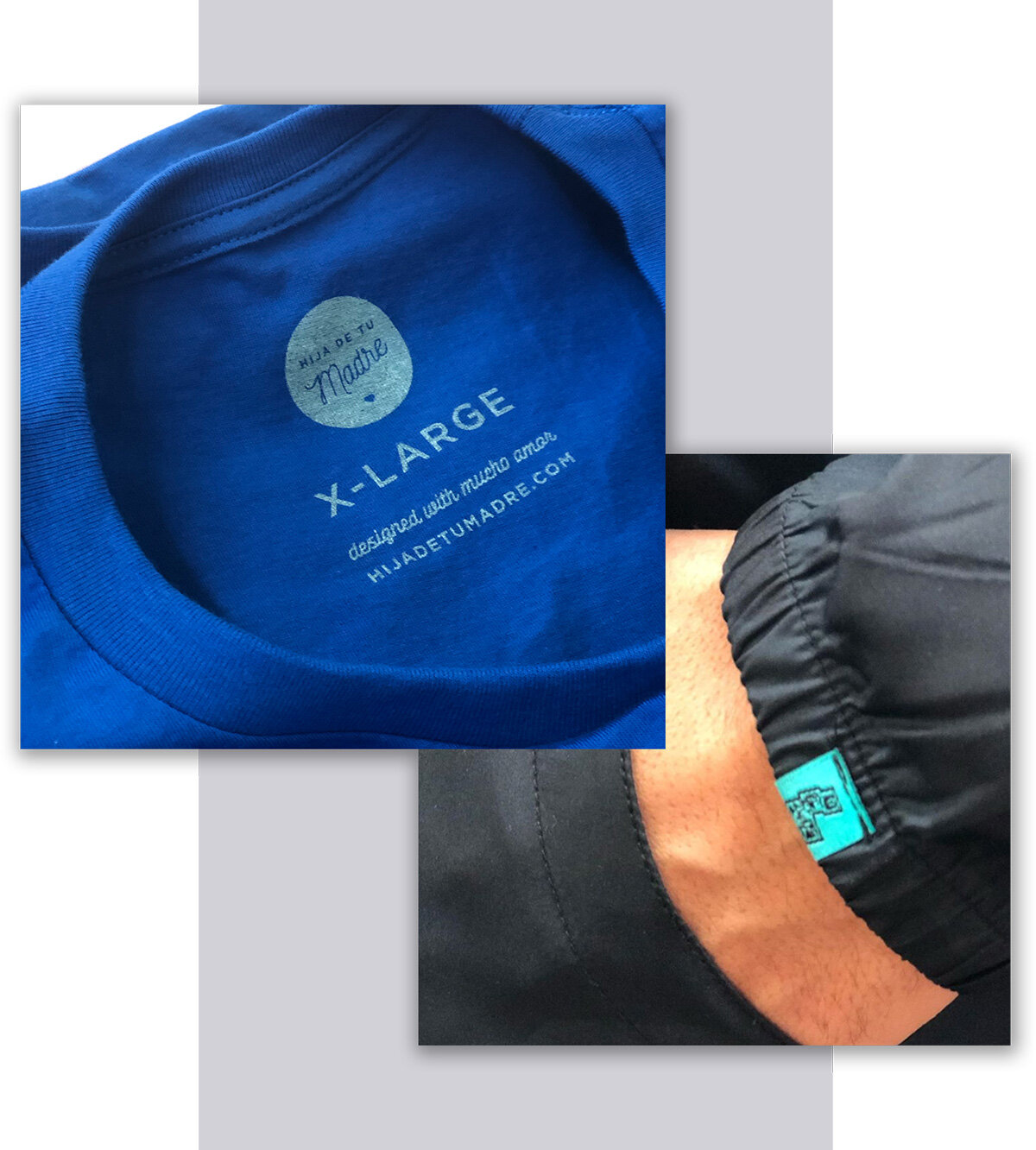 Close-up of a blue T-shirt with the inside label reading 'Designed with mucho amor,' size X-Large, from HiADETUMADRE.COM. Part of a person's arm wearing a black sleeve with a teal tag.