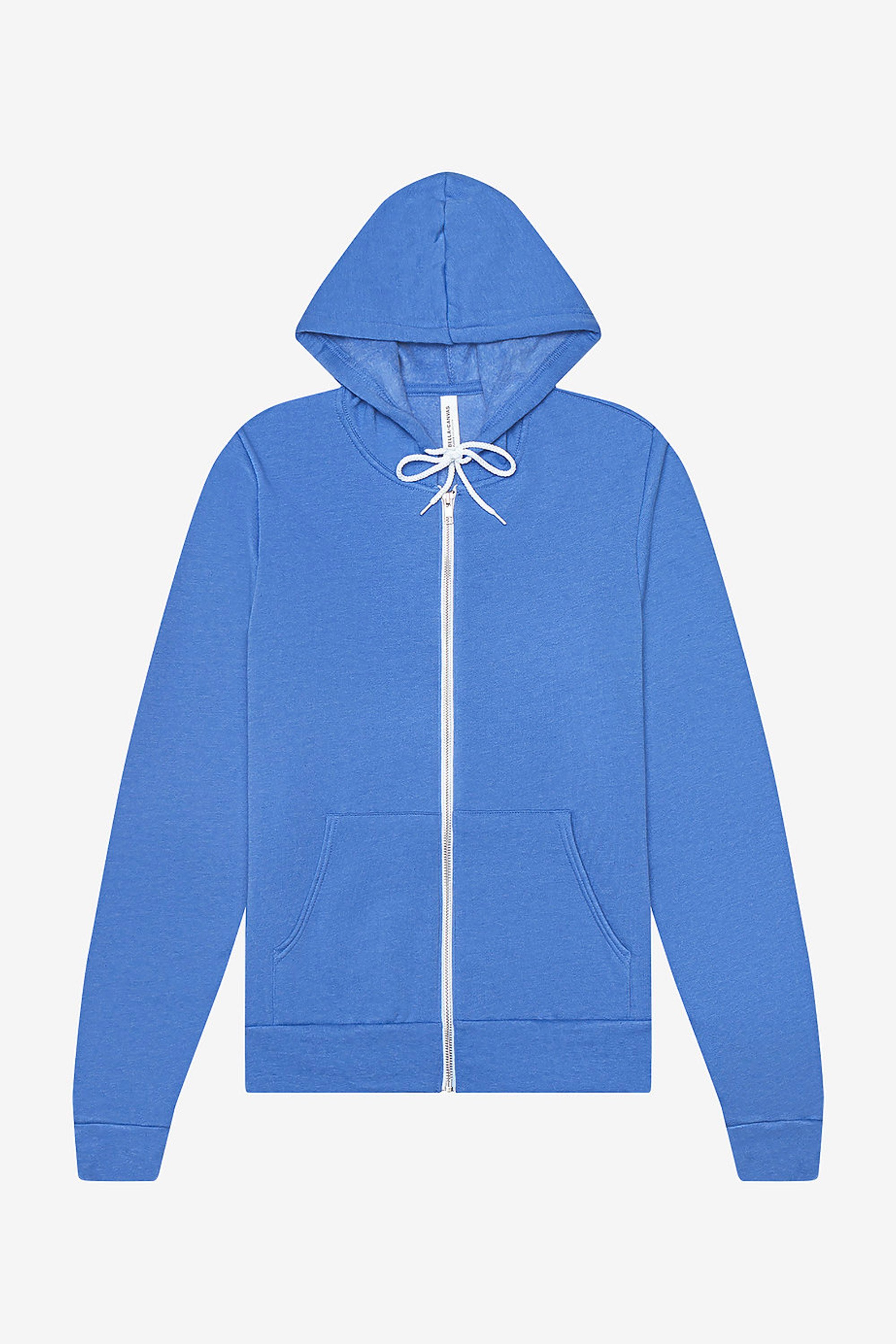 Blue zip-up hoodie with front pockets and a drawstring hood.