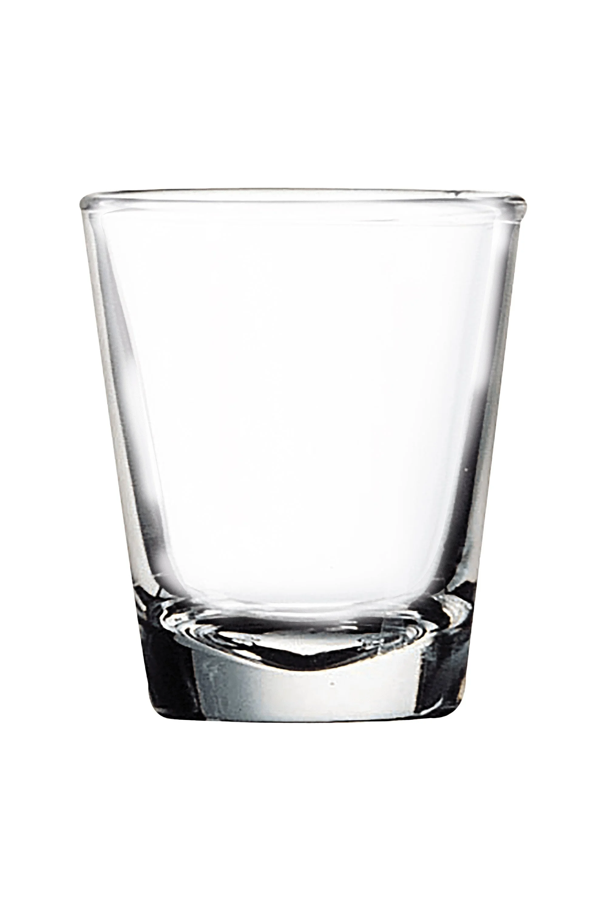 Empty clear glass tumbler on a white background.