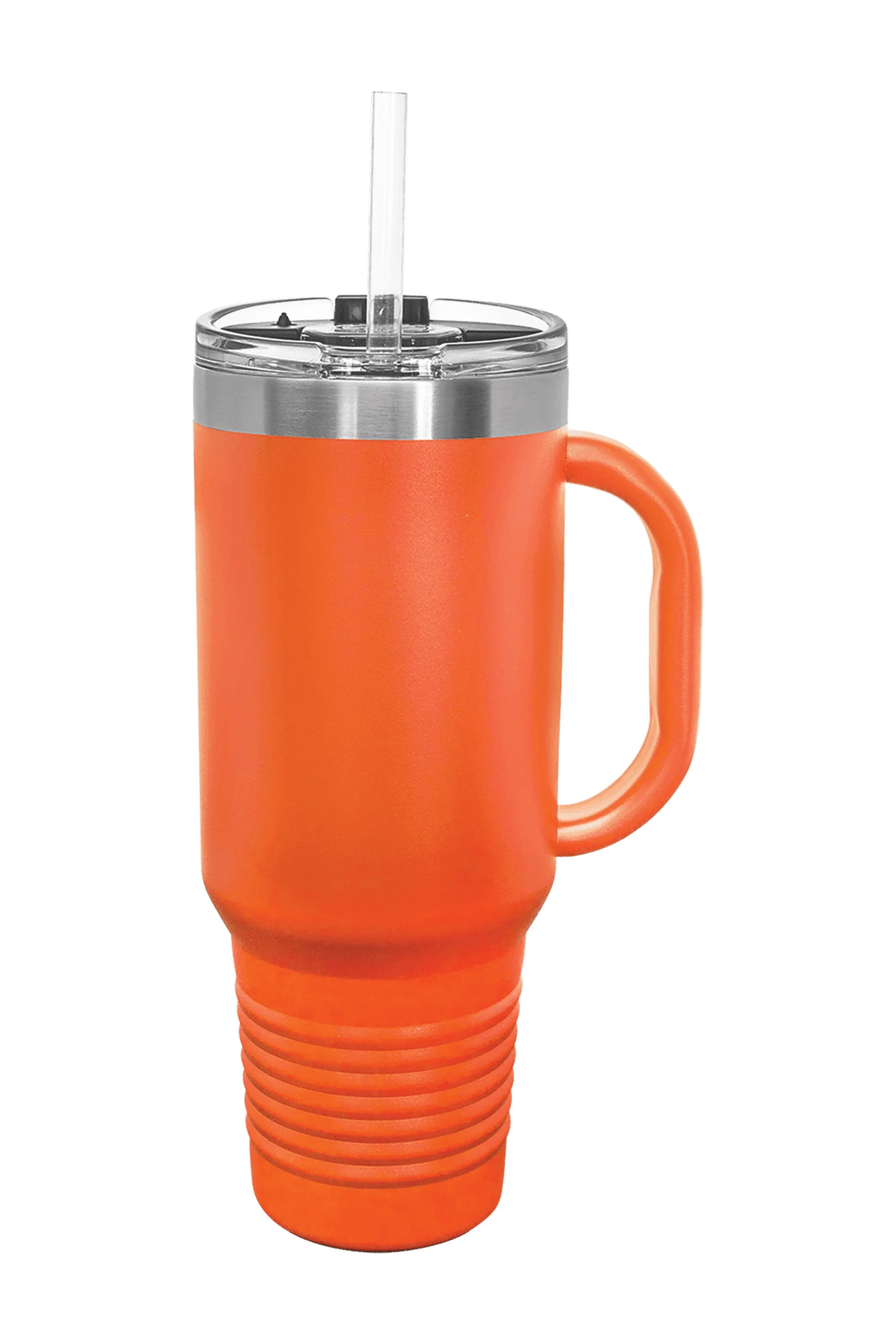 Orange insulated travel mug with a clear plastic straw.