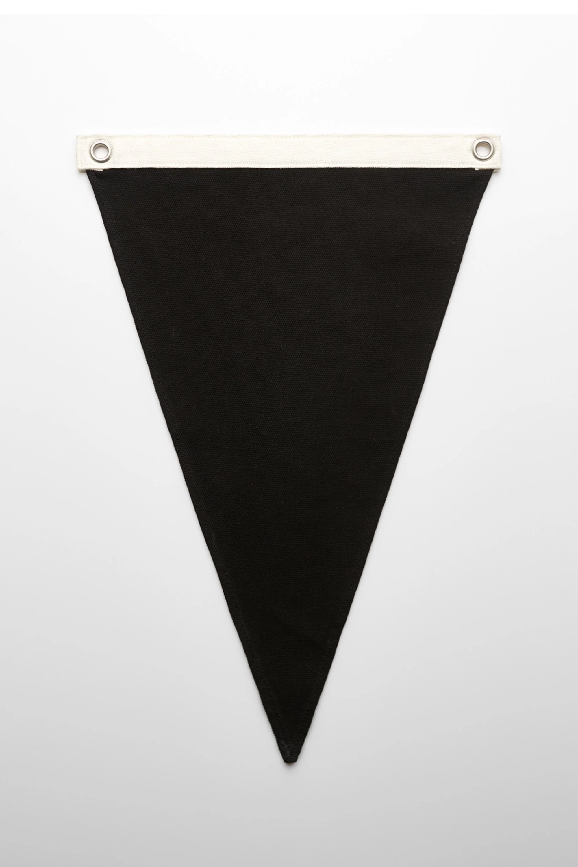 A black fabric pennant with a white border and metal eyelets on each end, displayed against a white background.