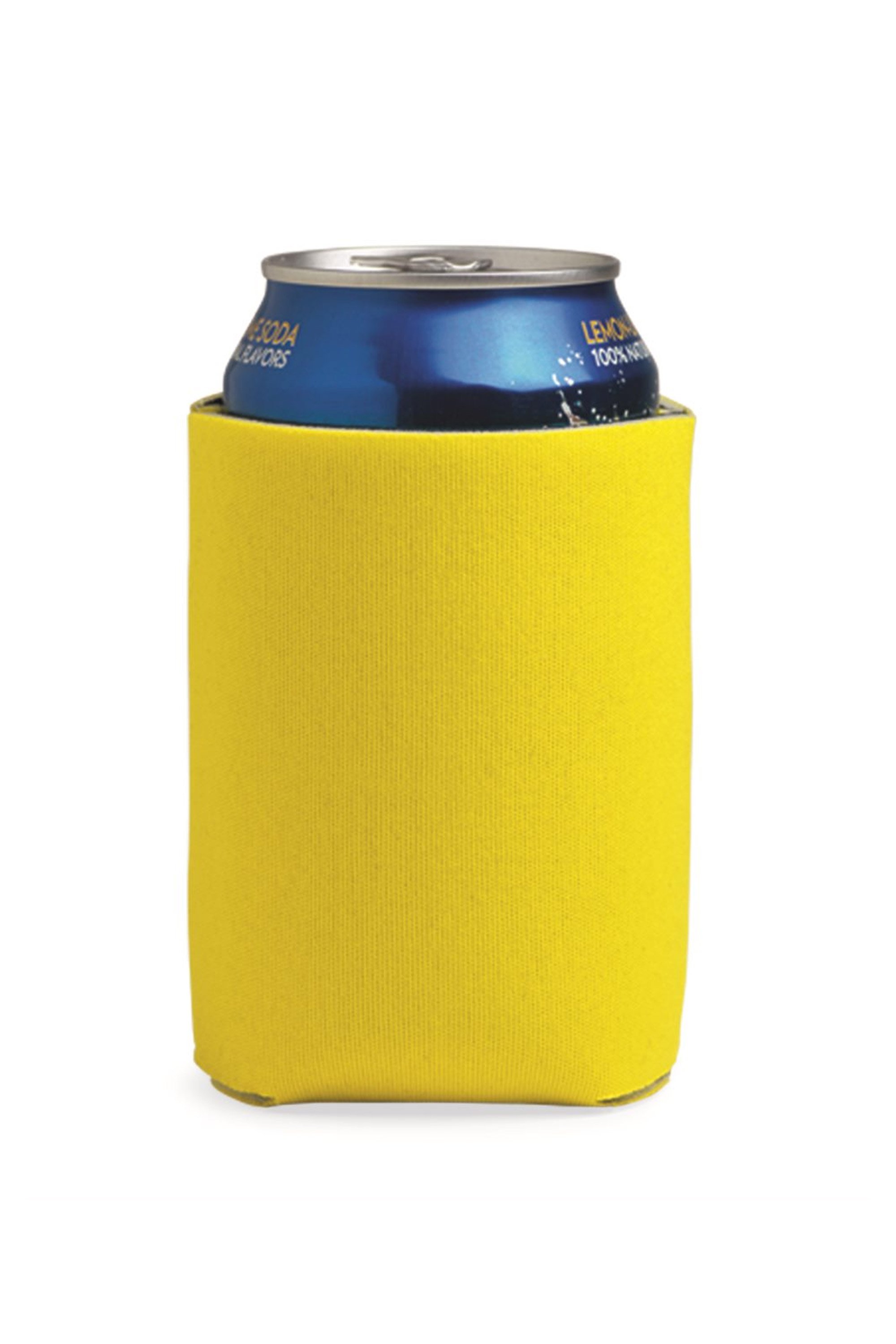 A blue soda can inside a yellow can cooler