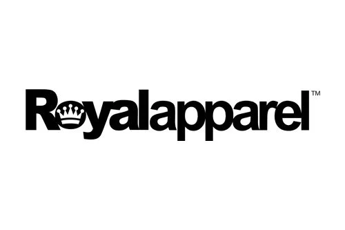 Black and white logo of Royalapparel with a crown inside the letter 'R'.