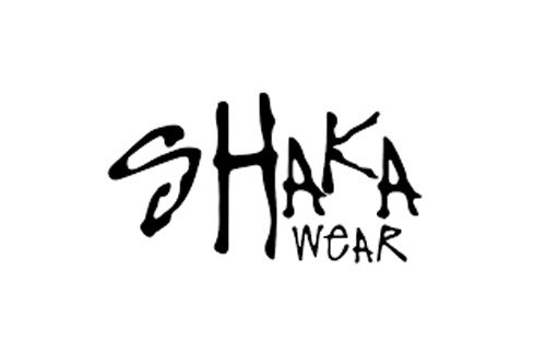 Shaka Wear logo in black handwritten font on white background.