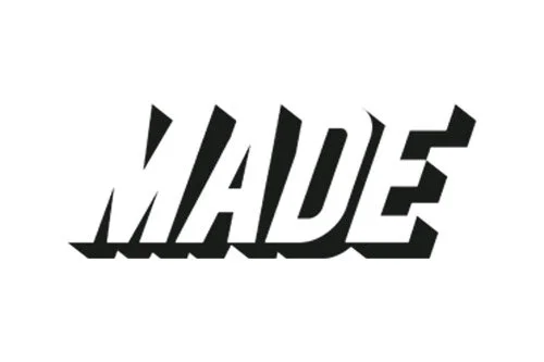 Black text spelling 'MADE' with a shadow effect on a white background.