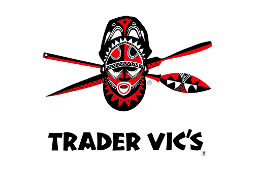 A stylized tribal mask with a kayak paddle over it, featuring red, black, and white colors, and the text 'Trader Vic's' below.