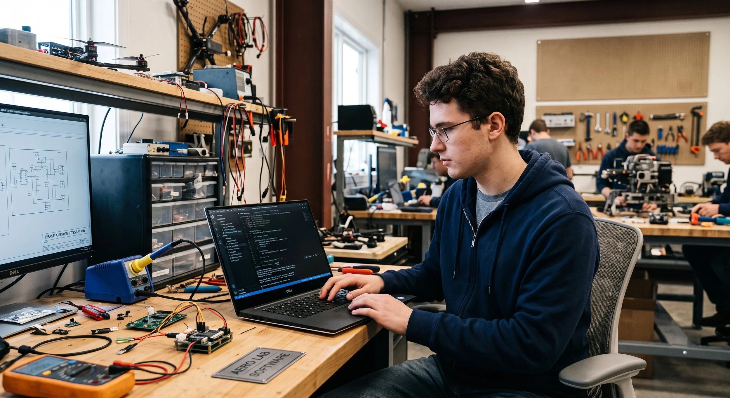 Young man working on a laptop at a electronics engineering workspace with circuit diagrams on screens and electronic components on the table.