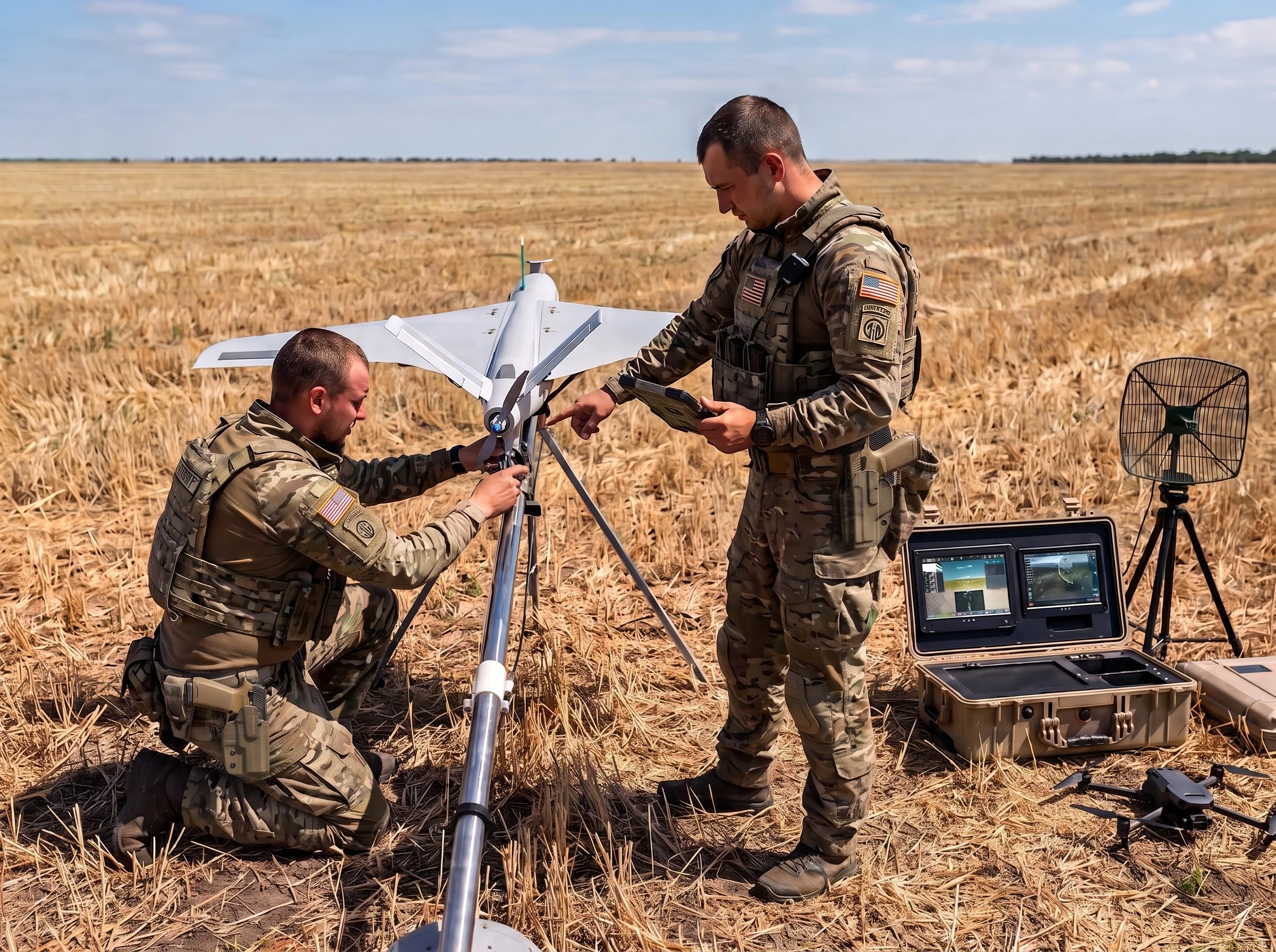 American soldiers working with a drone in a field. One soldier is kneeling, wearing a harness, and the other is standing, holding a tablet device. Equipment and a carrying case are nearby.