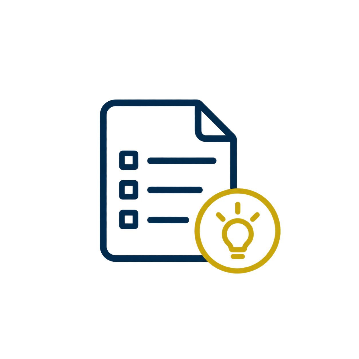 A digital icon of a document with a checklist and a lightbulb symbol representing ideas or innovation, in blue and yellow colors.
