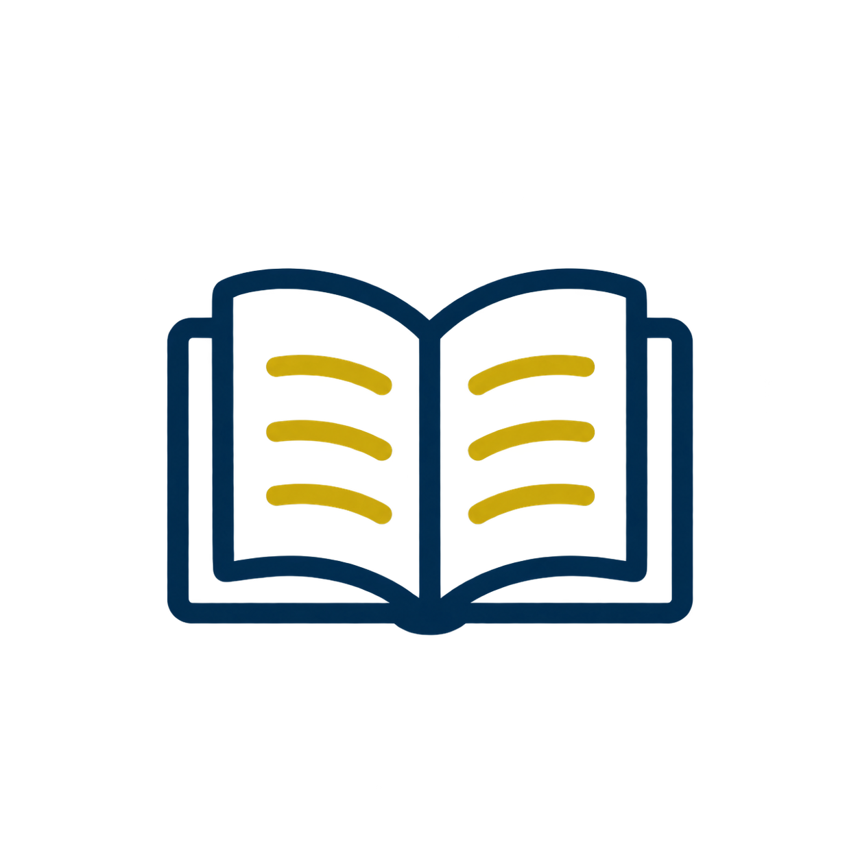 Illustration of an open book with yellow pages, outlined in blue, on a black background.