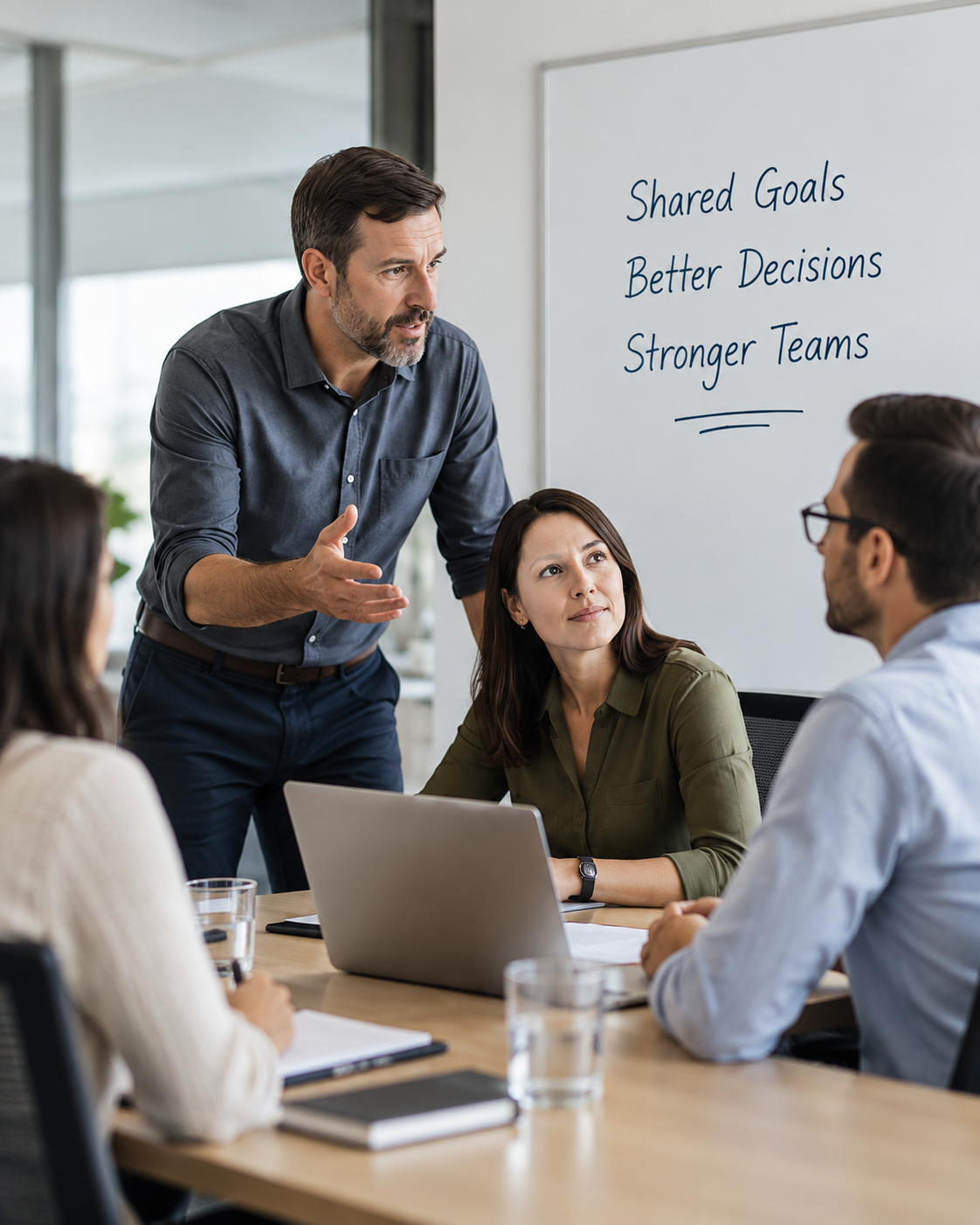 Facilitator guiding a project-team discussion under the message “Shared Goals, Better Decisions, Stronger Teams.”