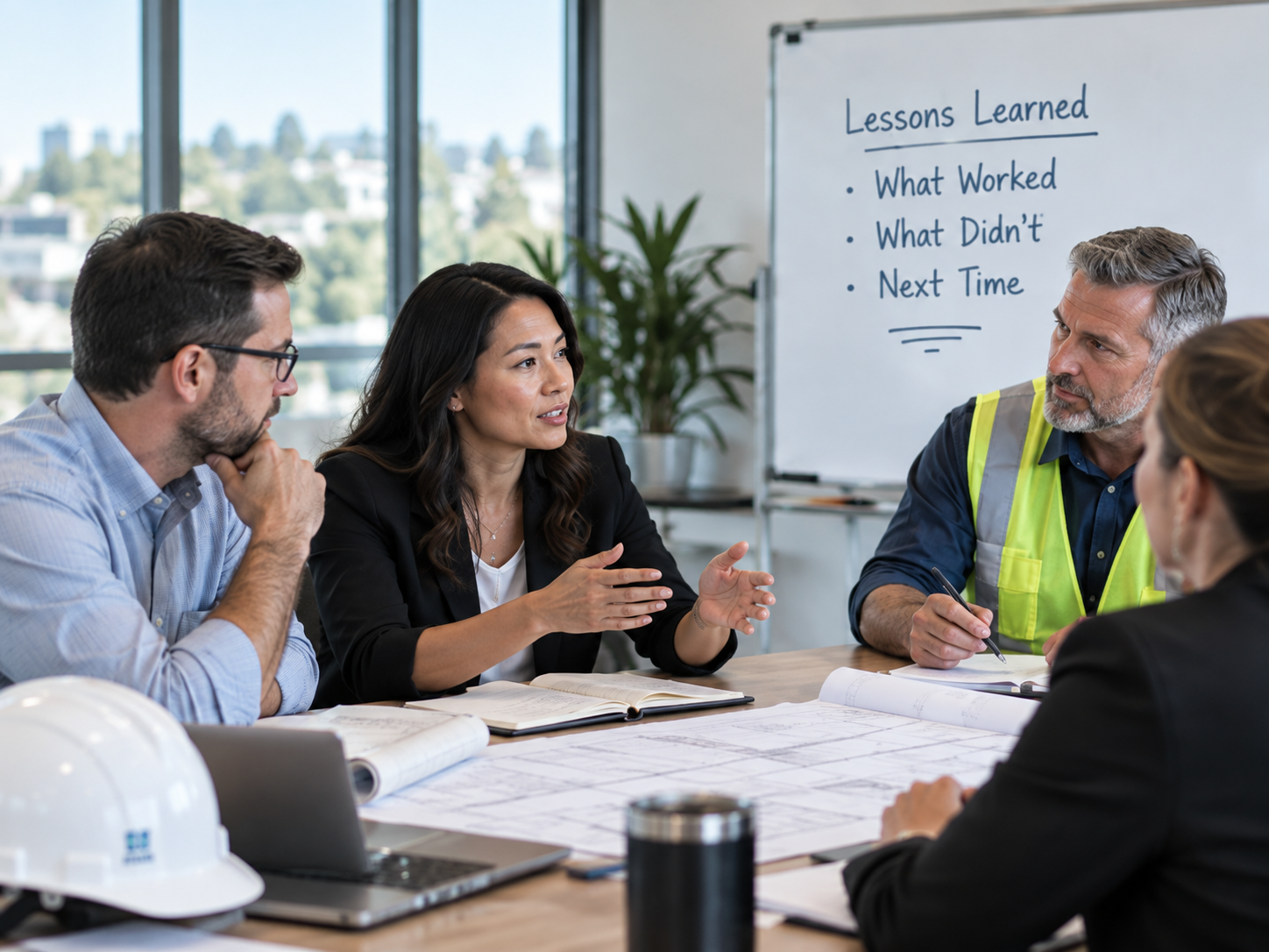 Infrastructure project team participating in a facilitated closeout discussion to capture lessons learned, successful practices, and recommendations for future projects.