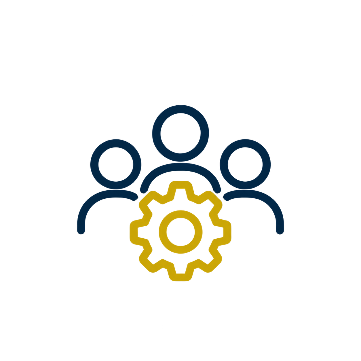 Icon of three people with a yellow gear in front, representing team management or collaboration.